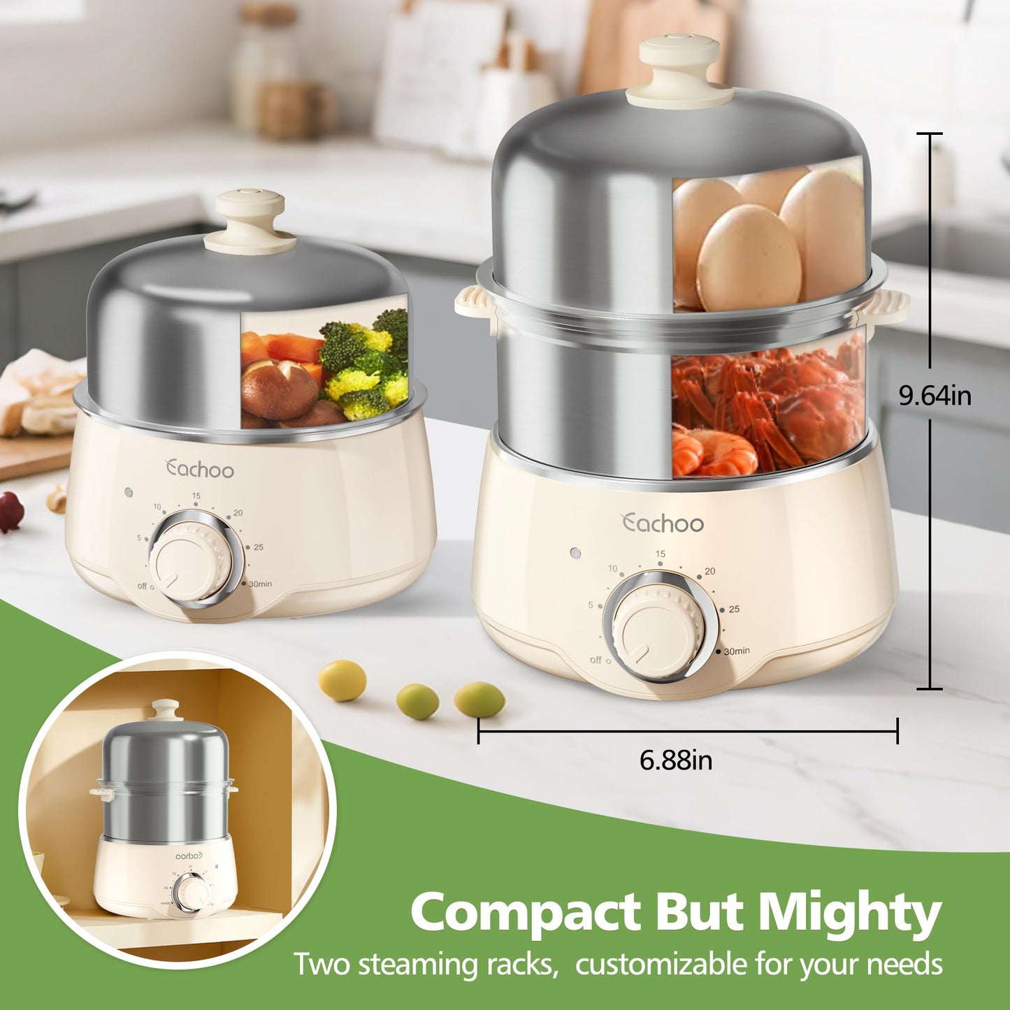 Hard Boiled Egg Cooker - CACHOO 14-Egg Rapid Stainless Steel Egg Boiler with 30-Min Timer & Auto Shut Off, Compact Electric Vegetable Steamer for Cooking, Dishwasher Safe, Beige