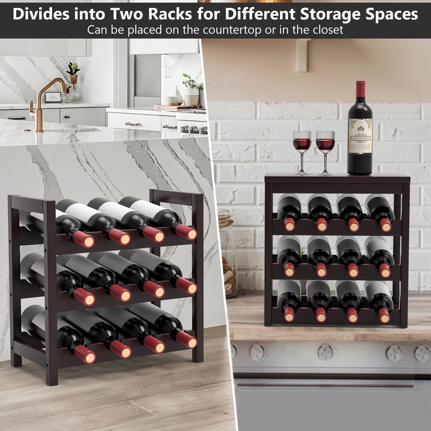 WRONWA 24 Botttle Wine Rack Freestanding Floor, 6 Tier Wine Rack Shelf with Table Top, Bamboo Wine Rack, Wine Storage Shelves Kitchen Bar Dining Room Living Room - Dark Brown