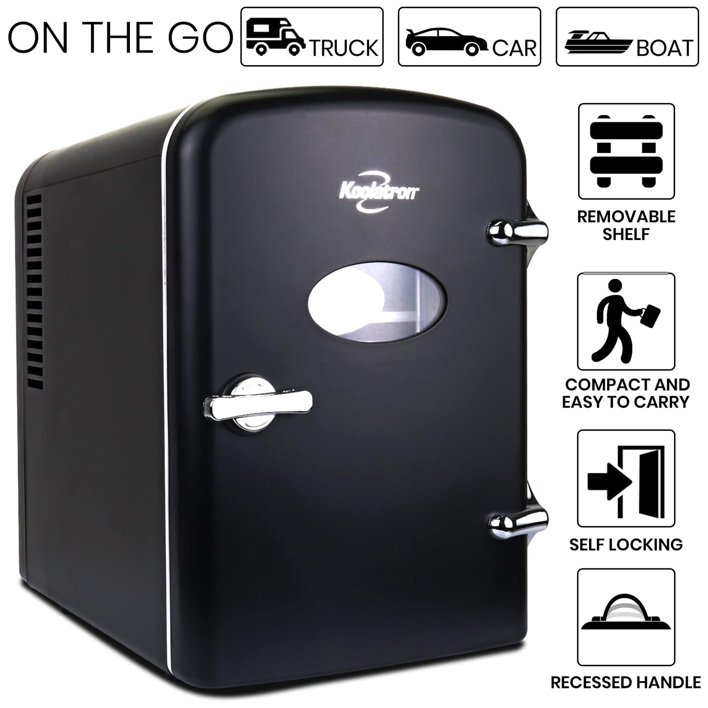 Koolatron Mini Fridge- Black Refrigerator 6 Can Portable Cooler for Bedroom Office Dorm Car Compact Fridge for Drinks Makeup Skincare Dual Power 12V 110V
