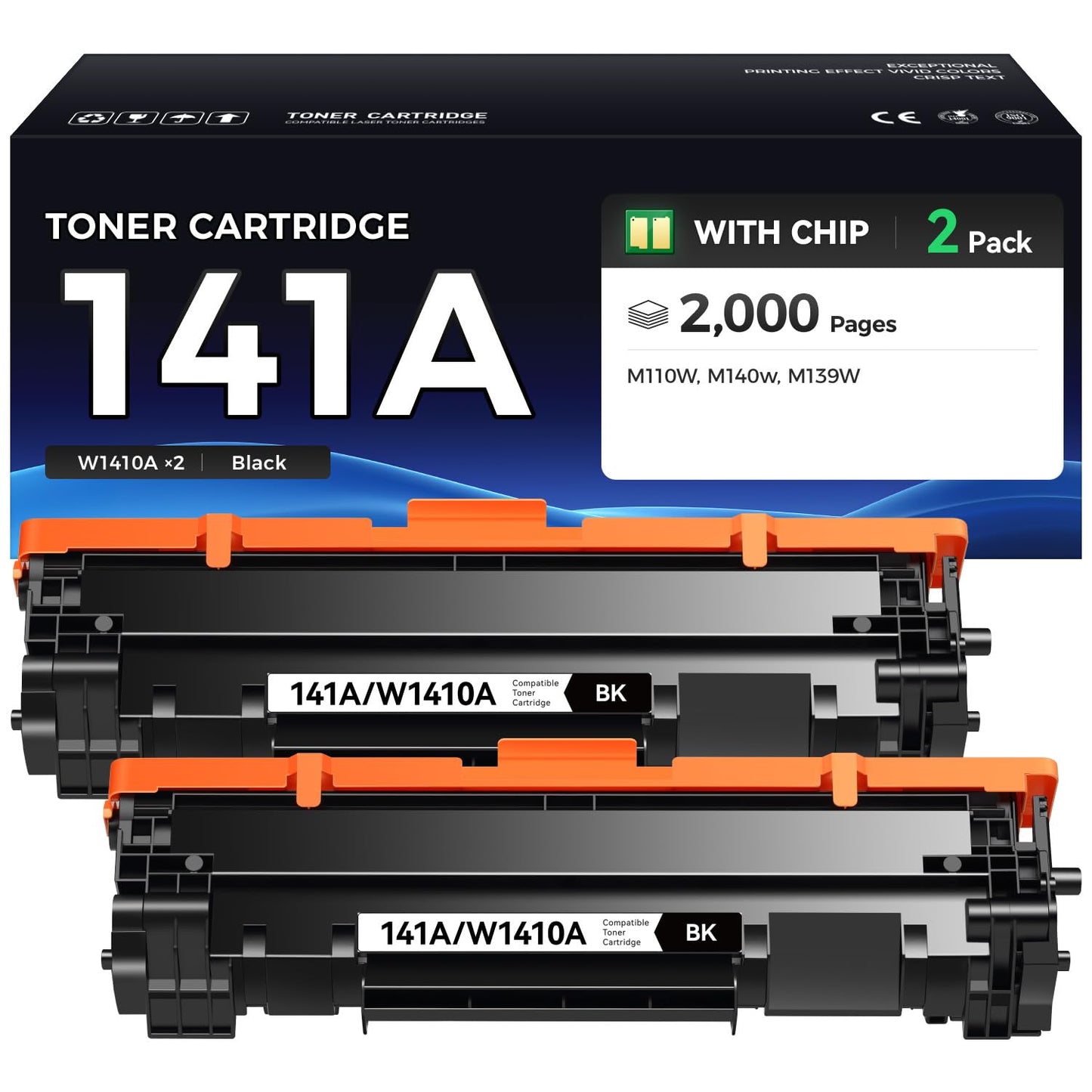 141A Toner Cartridges (Black 2-Pack with Chip) - Replacement for HP 141A W1410A 141X W1410X Toner Cateridge - Compatible with Laserjet M110w MFP M139w M140w Printer