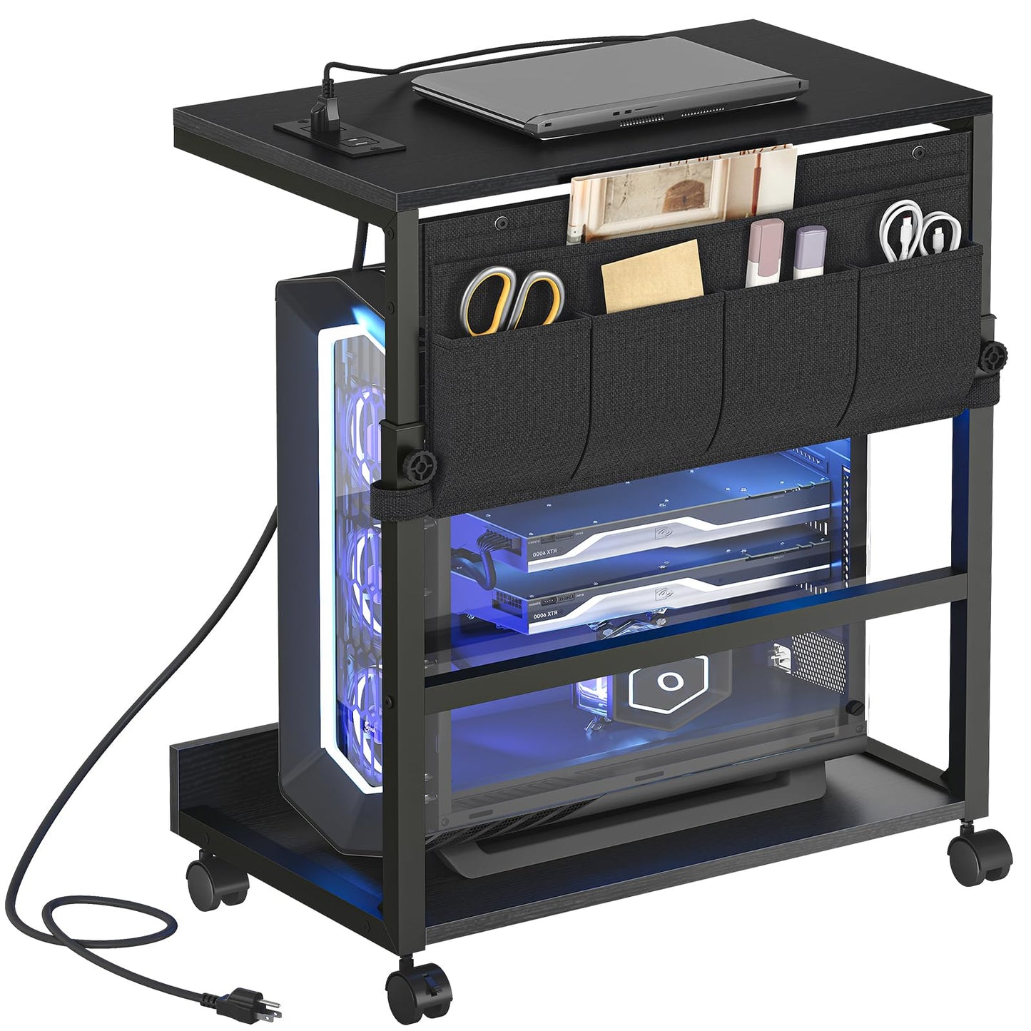 HOOBRO Computer Tower Stand, PC Stand with Charging Station, PC Tower Stand Height Adjustable Under Desk, Large CPU Holder Cart with Locking Casters & Storage Pockets, for Home Office, Bedroom BB72UCJ01