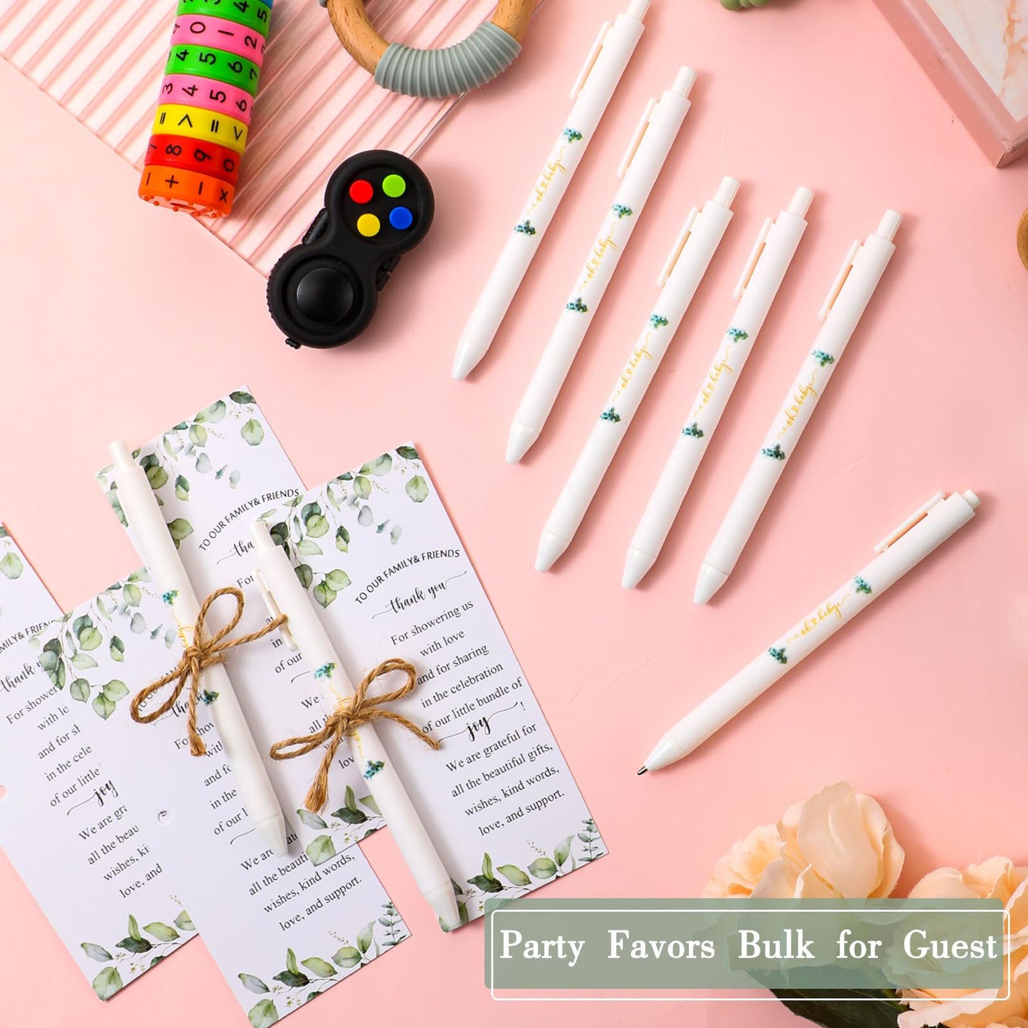 Tenceur 100 Set Baby Shower Pens Greenery Baby Shower Favor for Guest Sage Ballpoint Pens with Woodland Thank You Cards Gender Reveal Party Favor for Girl Boy Party Souvenirs Prizes