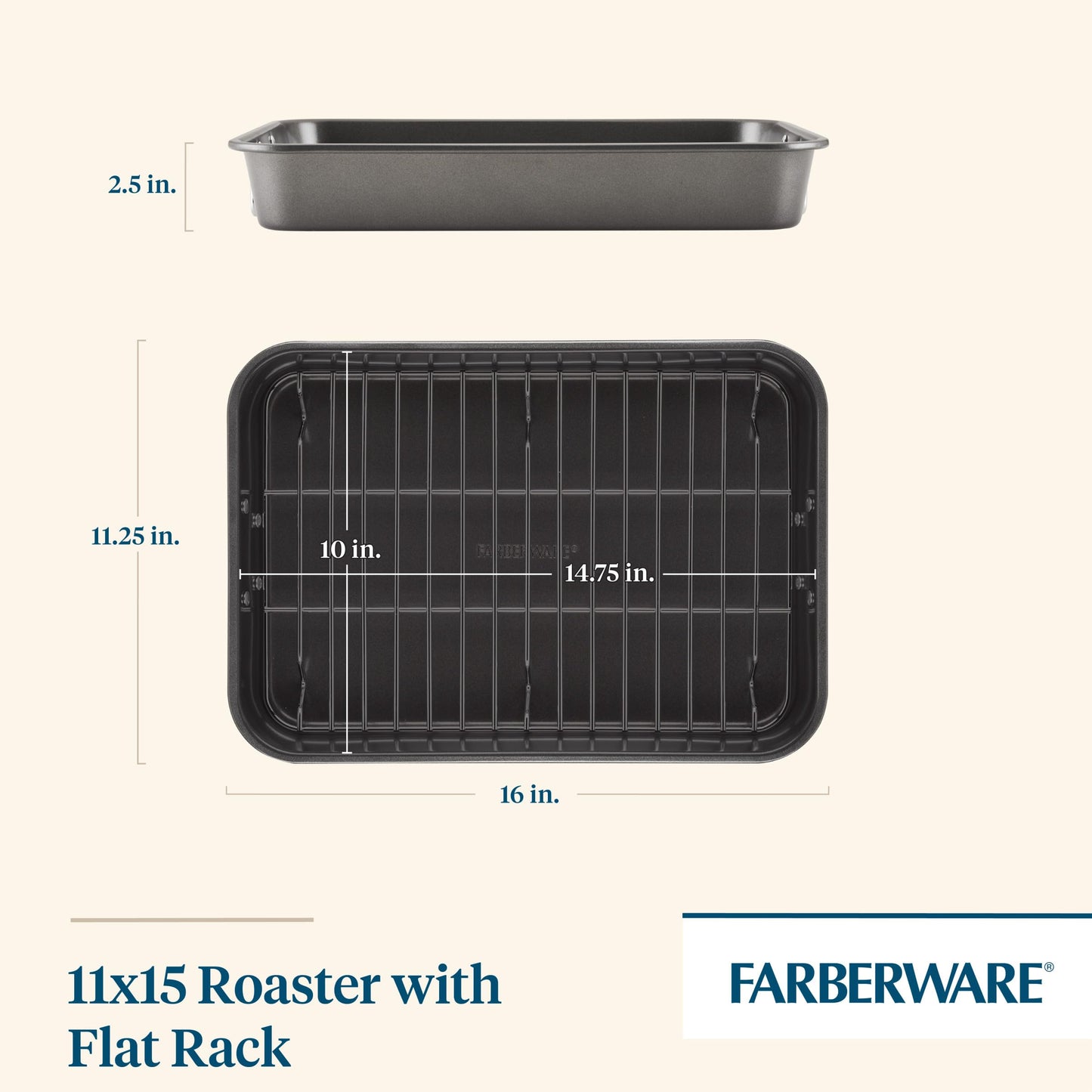 Farberware Bakeware Nonstick Roaster with Flat Rack, Roasting Pan with Rack For Home Cooking, 11-Inch x 15-Inch, Gray