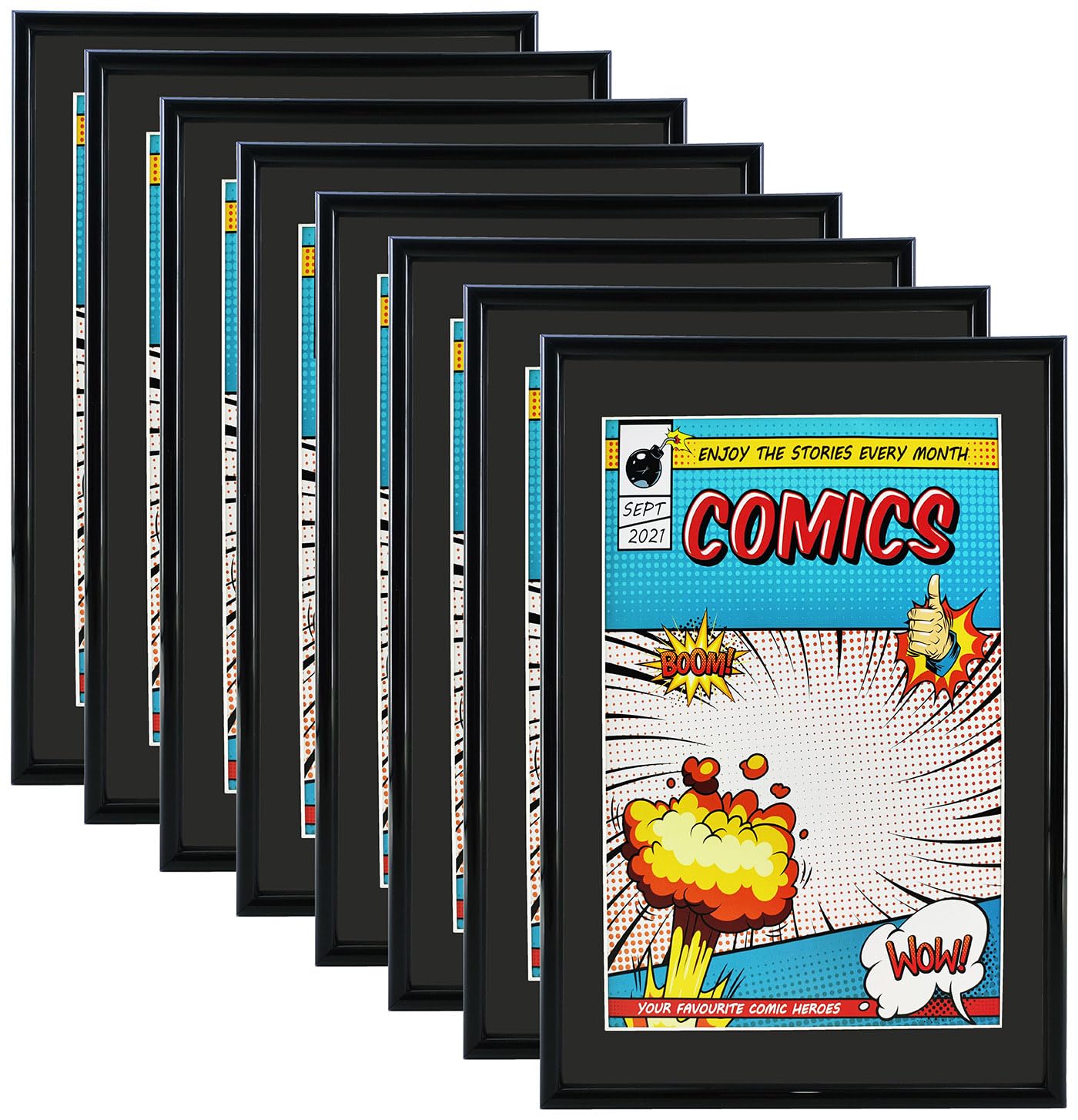 Memory Keeper Comic Book Frame, 8 Pack, UV Protection,Black Mat, Fits Current Comics up to 6 3/4" x 10 1/4", Wall or Tabletop Display,Spring Clips for Thicker Comics as Well