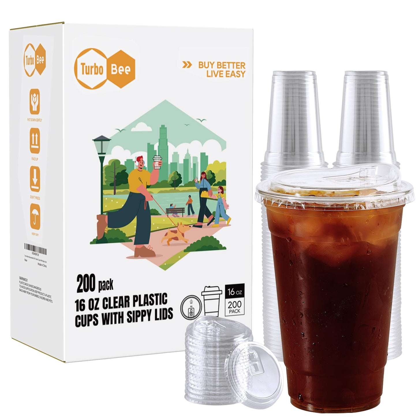 Turbo Bee 16 OZ 200 Sets Clear Plastic Cups with Strawless Sip Lids, To Go Crystal Clear Disposable Plastic Cups with Lids for Iced Coffee, Smoothies, Soda, Lemonade, Cold Beverage