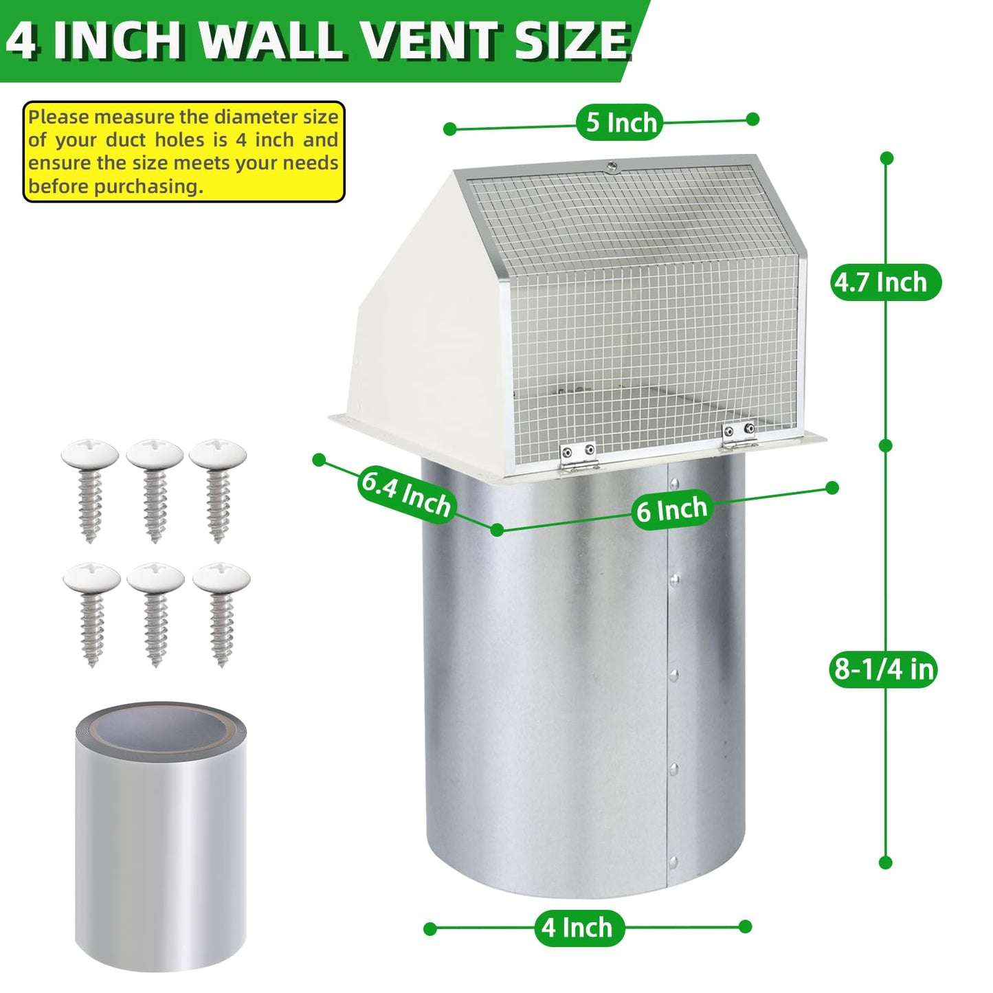 4 Inch Dryer Vent Cover Outside Hooded Wall Vent with Screen and Damper, Exhaust Vent Wall Mount Exterior Wall Vents Cover Cap for Dryer Ventilation&Outdoor Air Exhaust,Galvanized Steel,White