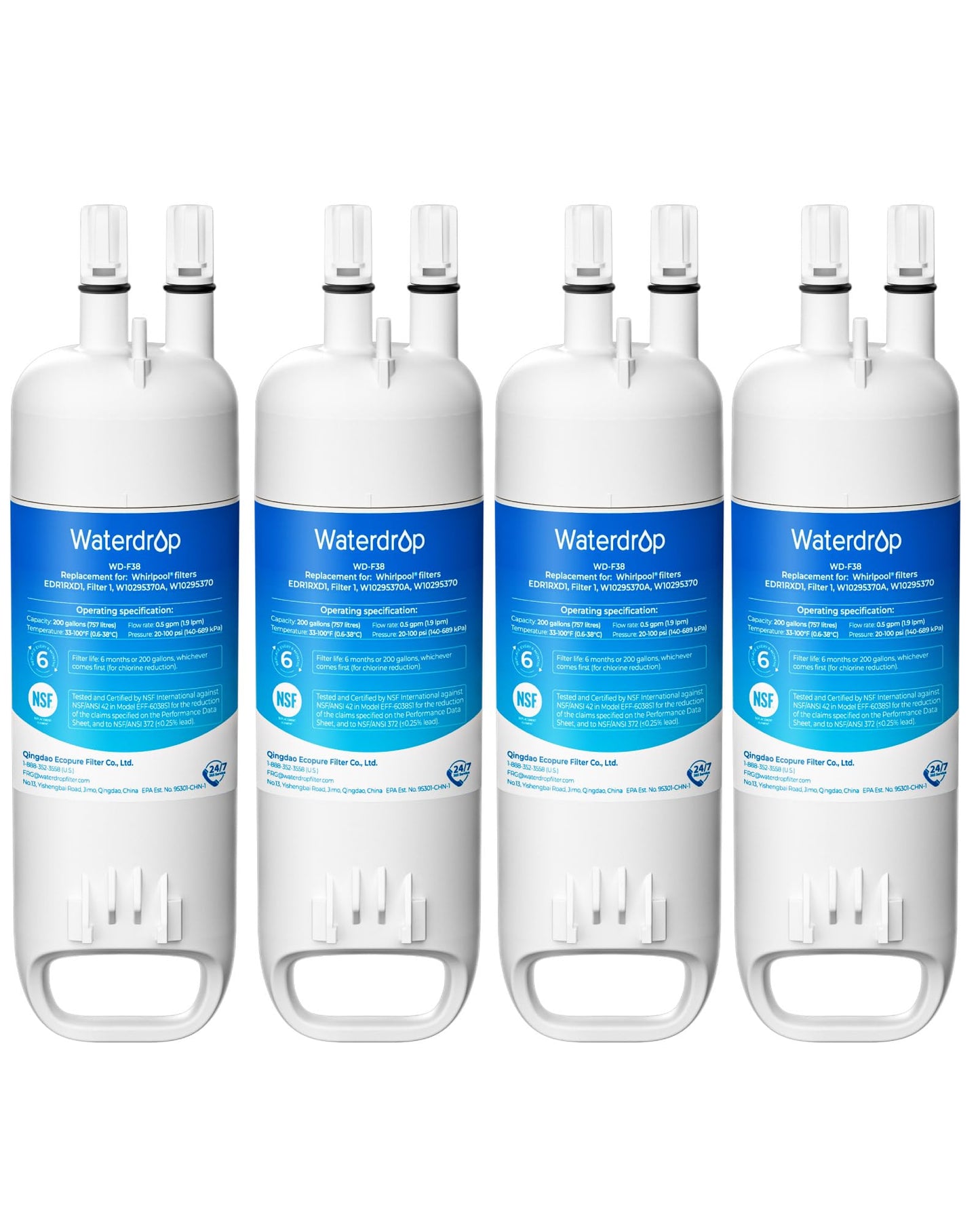Waterdrop EDR1RXD1 Replacement for Everydrop® Filter 1, W10295370A, EDR1RXD1B, P8RFWB2L, P4RFWB, WD-F38, 46-9081, 46-9930 Refrigerator Water Filter, 4 Pack