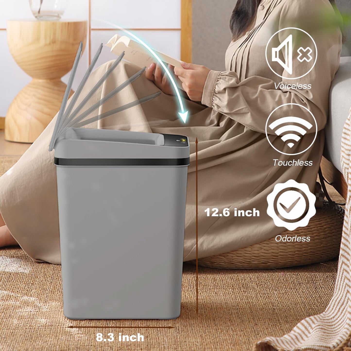 Yatmung 3 Pack - Small Trash Can with Lid for Bathroom 2.5 Gallon Automatic Trash Cans Touchless - Bedroom, Kitchen, Office - Slim Smart Garbage Can - Motion Sensor Trash can Bathroom (Grey)
