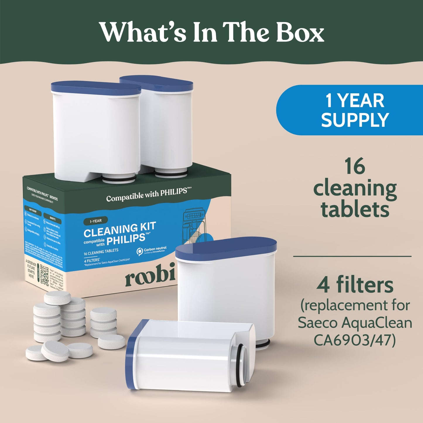 Roobi Cleaning Tablets & Filters Compatible with Philips Saeco. Includes 16 Espresso Cleaning Tablets & 4 Water Filters. Carbon Neutral Philips Cleaner Kit. 1 Year Supply.