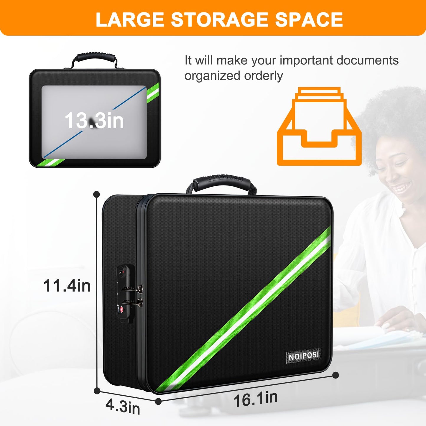 Noiposi 5200℉ Fireproof Document Box, 16.1x 11.4x4.3 Inch Waterproof and Fireproof Document Organizer,Portable Home Travel Safe Storage Box for Legal Size Documents,File and Birth Certificate,Black
