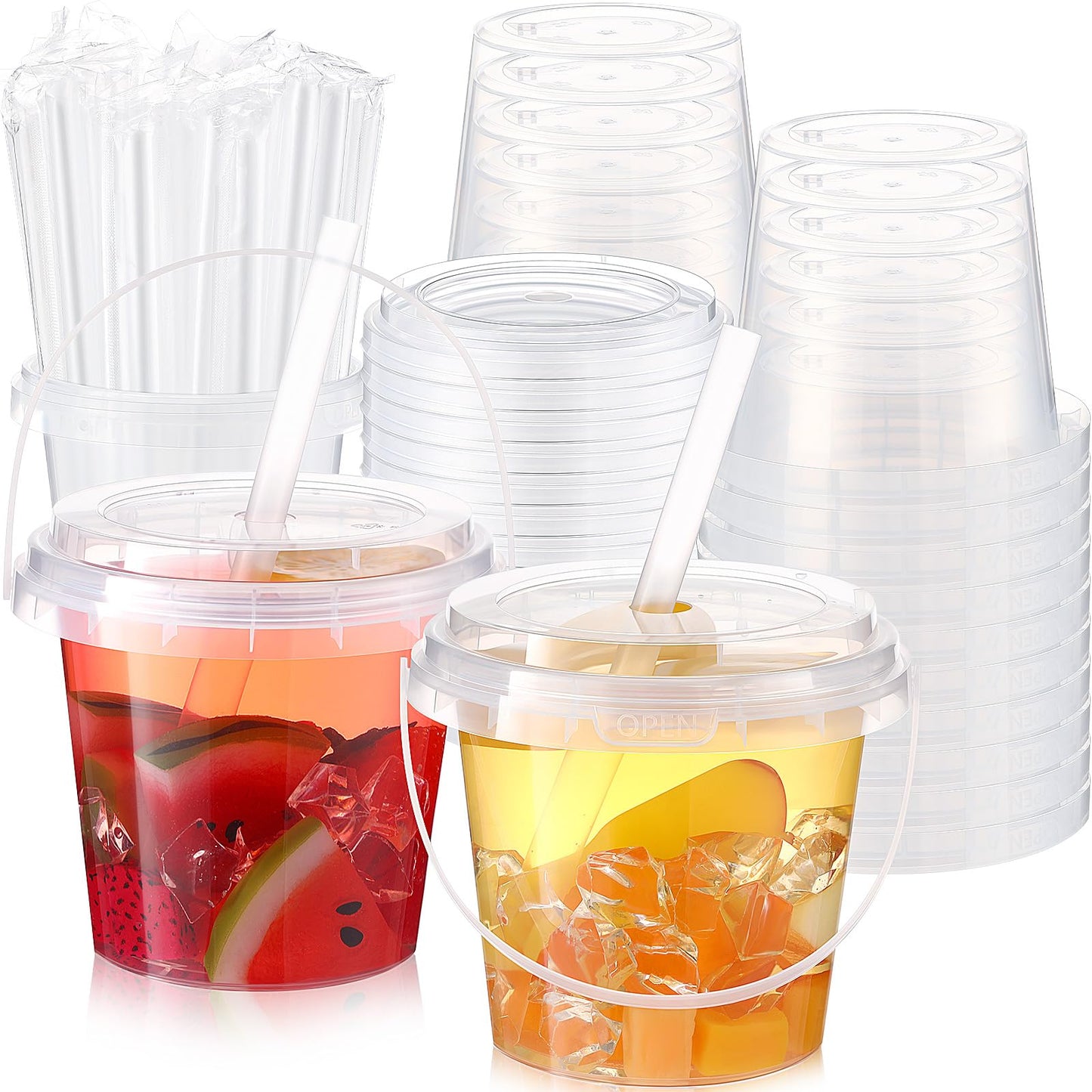 Funnymoom 50 Set 24oz Clear Plastic Drink Buckets with Lids and Straws Disposable Iced Coffee Cups Rum Buckets for Cocktail Parties Smoothie Cup Bulk with Handles for Beach Pool Party Supplies