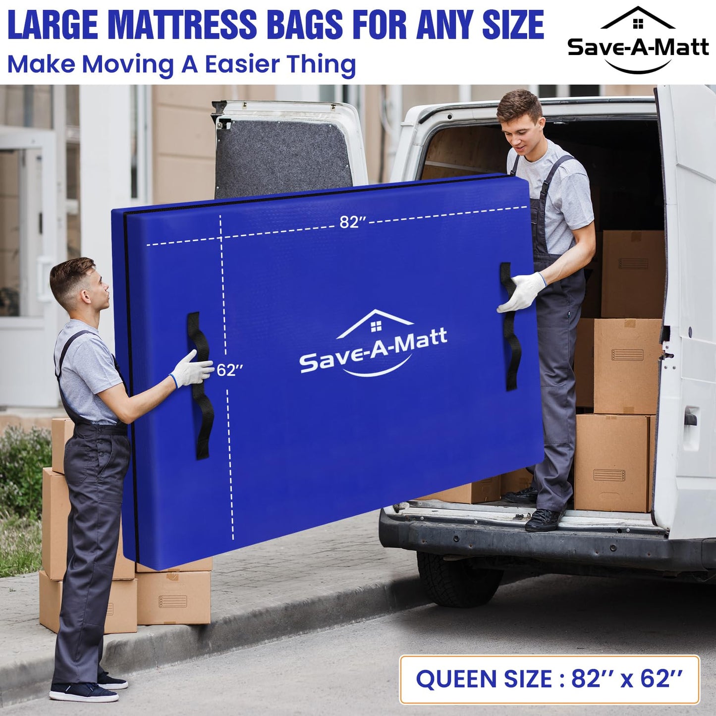 SaveAMatt Mattress Bags for Moving 2 Pack - Extra Thick & Durable Queen Mattress Cover for Moving - Reusable Waterproof Tarp Mattress Protector (82’’x62’’x15’’ Queen Size)