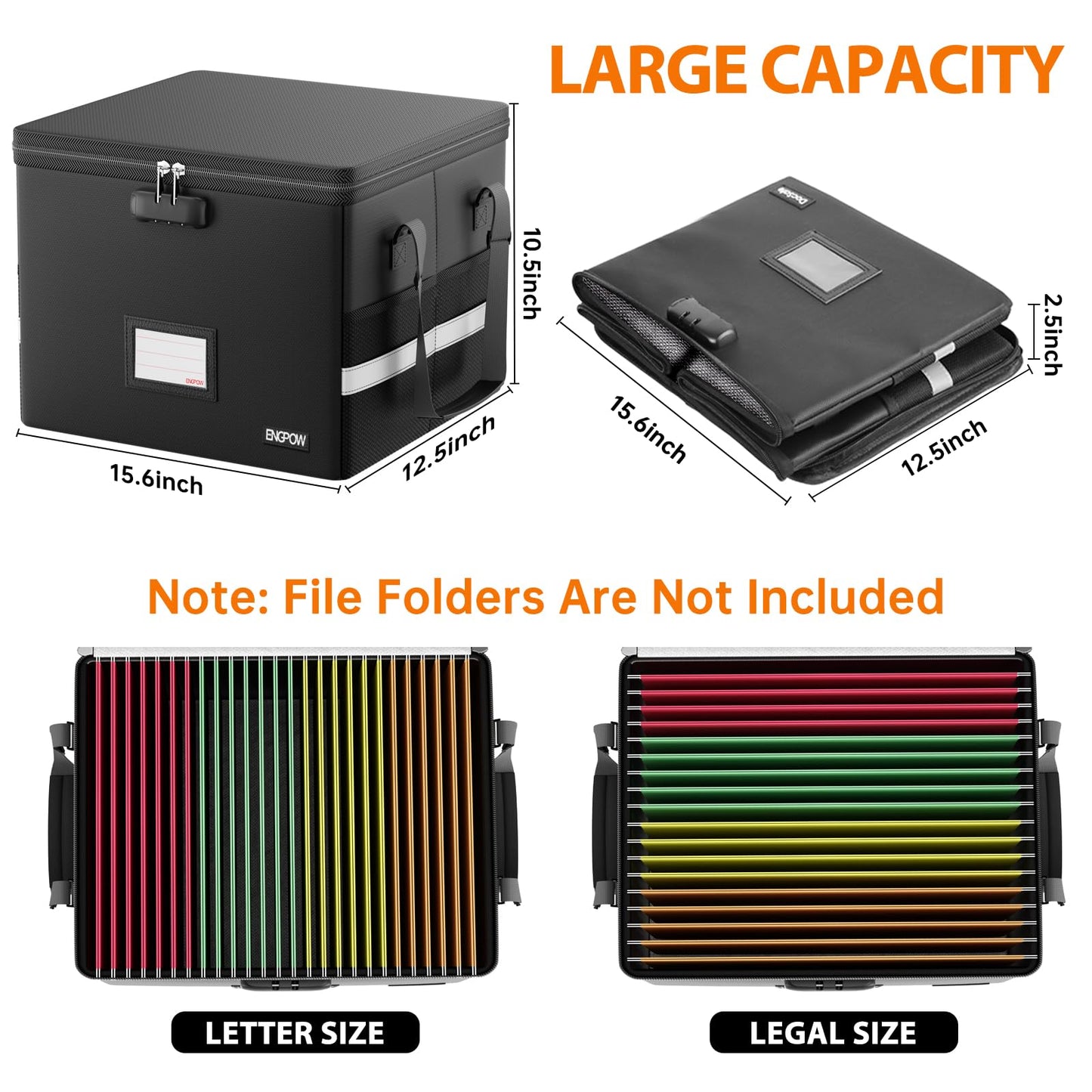ENGPOW 5200°F Fireproof Document Box with Lock, Heat Insulated Collapsible File Storage Organizer with Handle, Portable Home Office File Cabinet for Hanging Letter/Legal Size Folder, Black