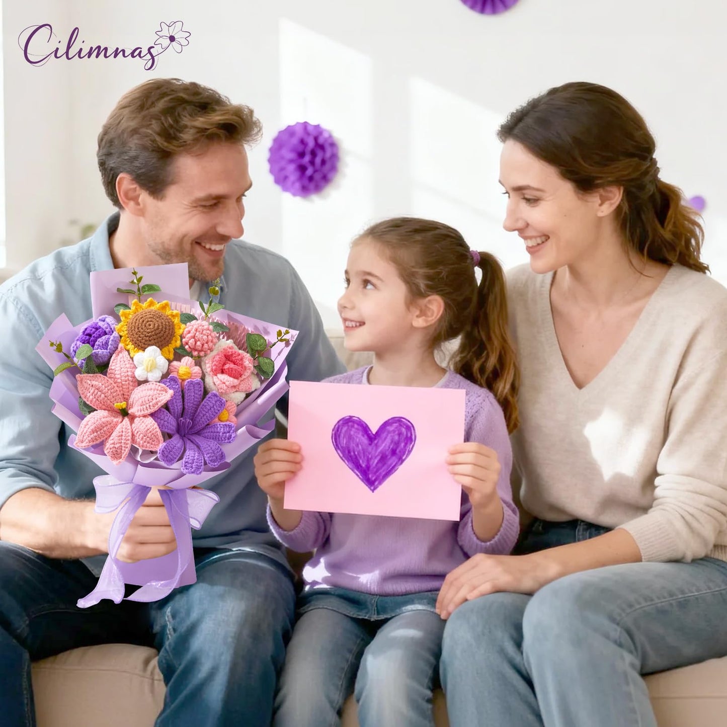 Cilimnas Crochet Flower Bouquet,Pink&Purple Knitted Flowers, Handmade Lily Sunflowers Roses Bouquet for Birthday Anniversary Party Mother's Day Graduation Gifts