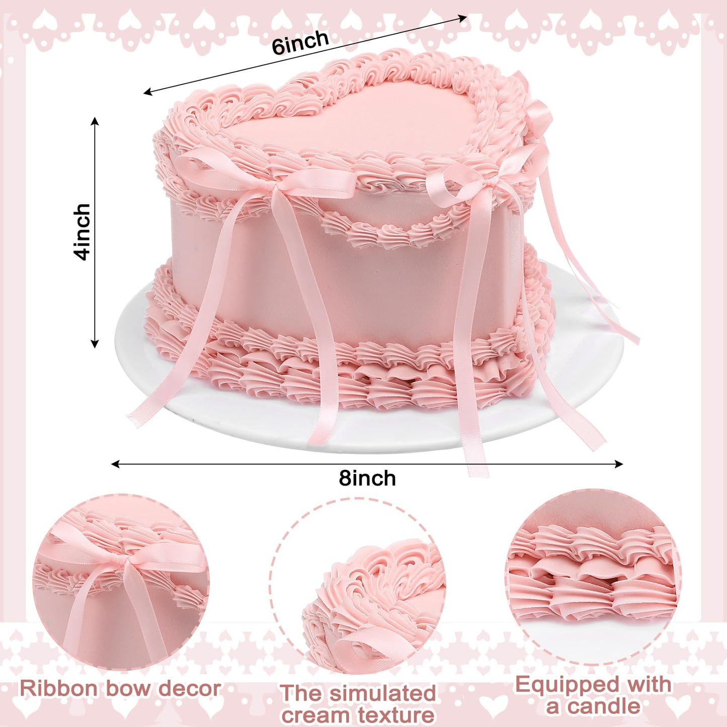 Remerry 6 Inch Bow Fake Cake Coquettish Birthday Fake Cake Decor Wedding Dessert Props Artificial Heart Dessert for Props Women Birthday Gift(Pink,Heart)