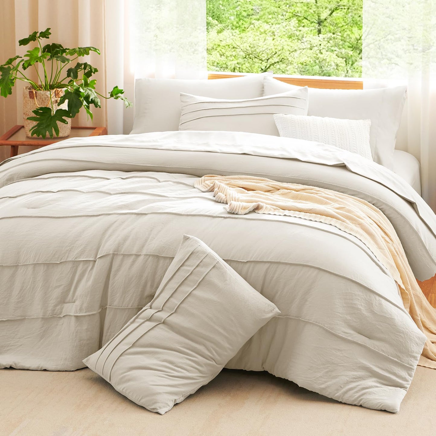 CozyLux Queen Comforter Set Beige, 7 Pieces Soft Pinch Pleat Bed in a Bag Queen Comforter Set with Sheets, Boho Bed Set with Down Alternative Comforter, Sheets, Pillowcases & Shams