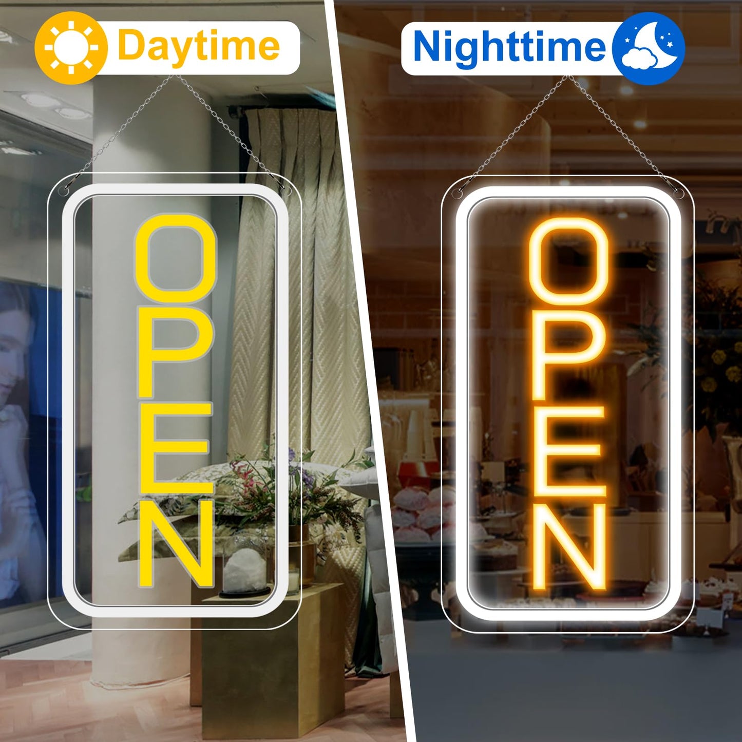 inShareplus 16"x 9" Super Bright Open Sign,12V LED Neon Open Signs for Business for Window, with ON/OFF Switch, Electric Light up Signs for Stores, Restaurants Retail Shops (Yellow-White-Vertical)
