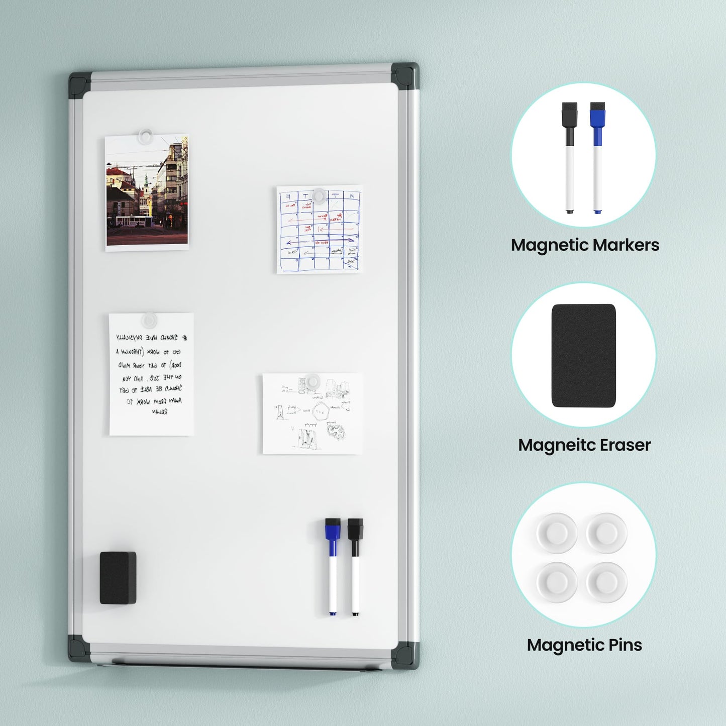 VUSIGN Magnetic Dry Erase Board for Wall, 36" x 24" Hanging Whiteboard for Office, School, Home, Includes Eraser, Markers, Magnets, Pen Tray, Silver Aluminum Frame White Board