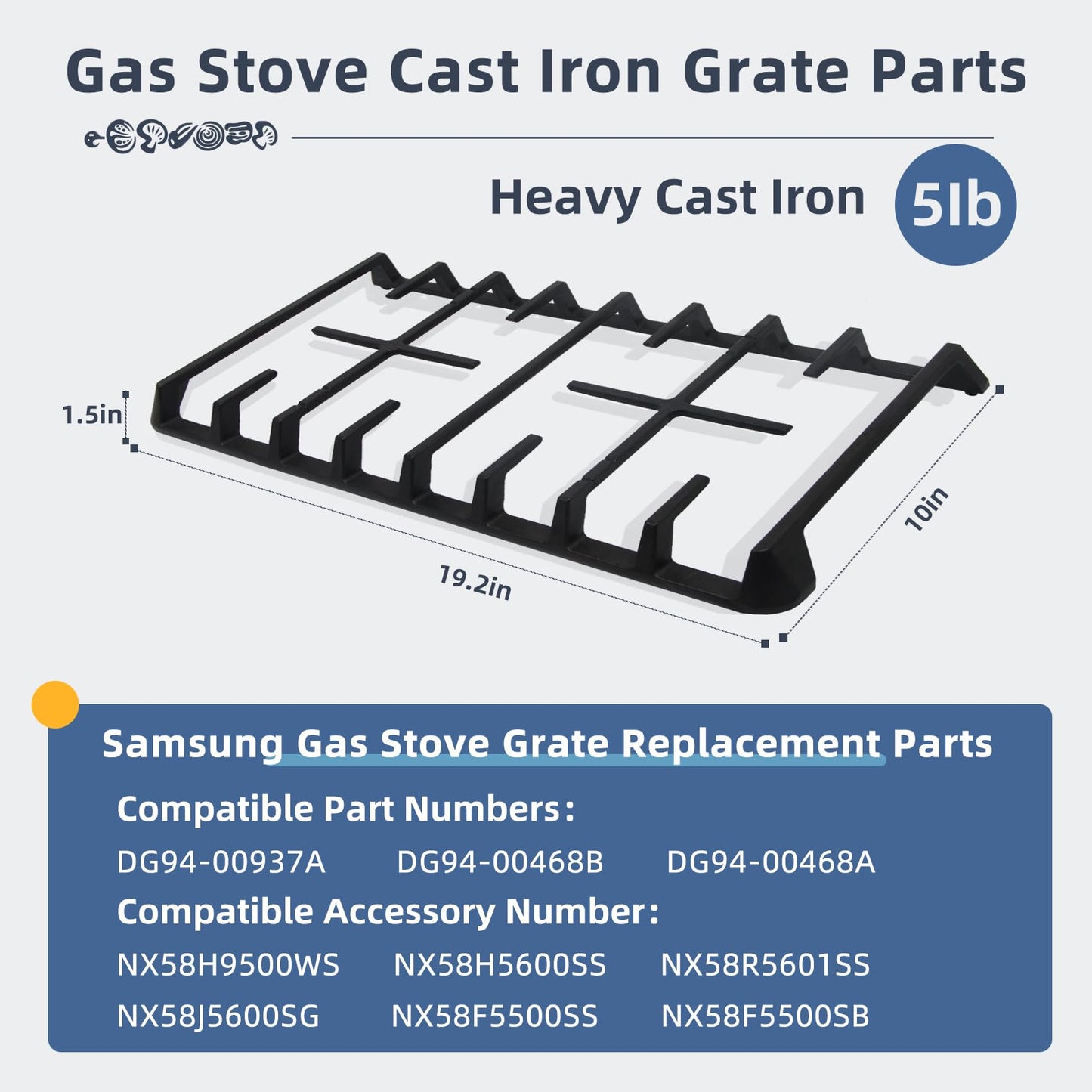 DG94-00937A Cast Iron Gas Stove Grate Replacement for Samsung Gas Stove top Support Parts NX58H9500WS NX58H5600SS NX58R5601SS Samsung Gas Range Surface Burner Grates Replacement Parts DG94-00468A
