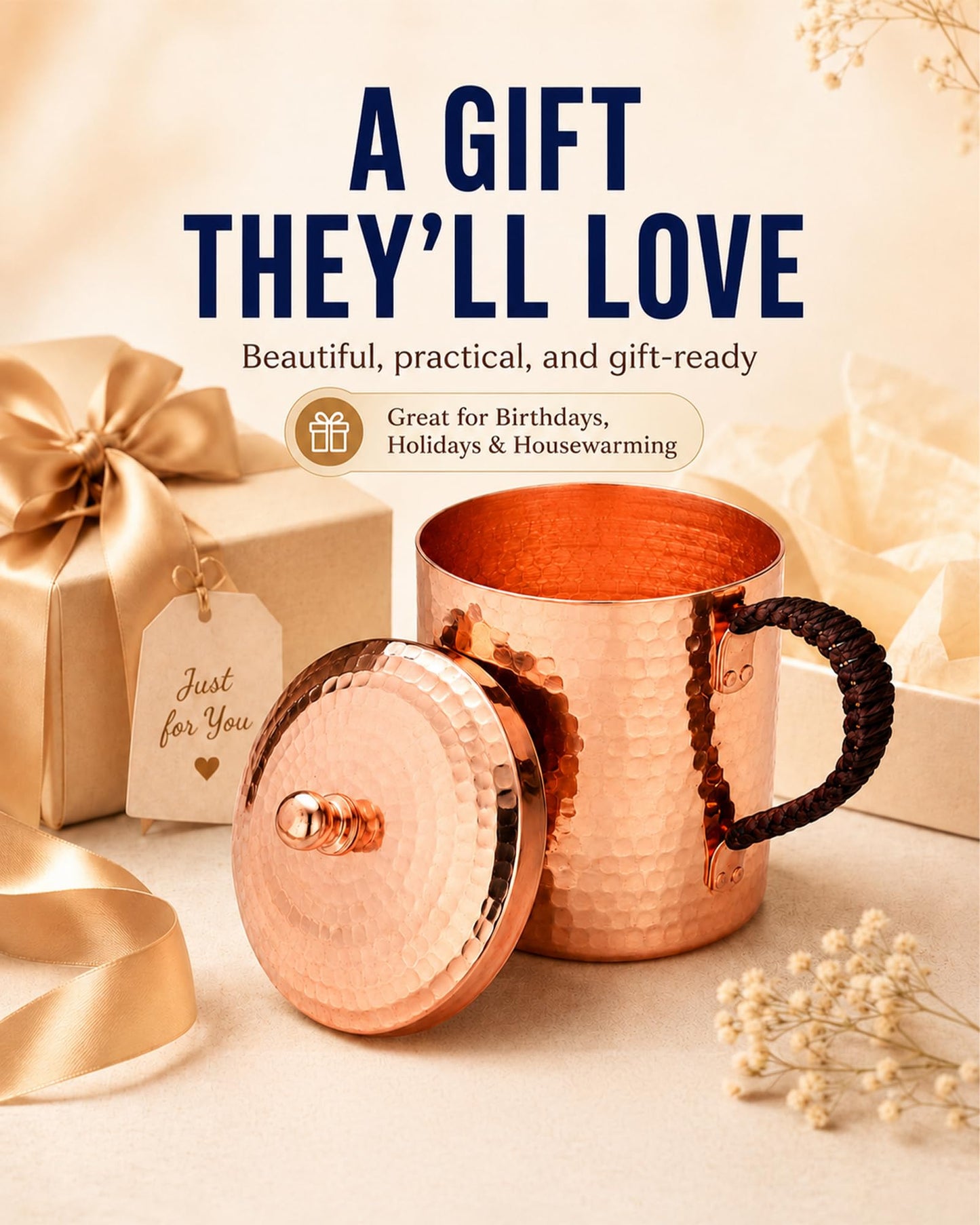 CigeZaus 18.6oz Pure Copper Mug with Lid – Hand-Hammered Solid Copper Tumbler for Drinking Water, Detox & Wellness – Ayurvedic Gift for Yoga, Meditation, or Camping