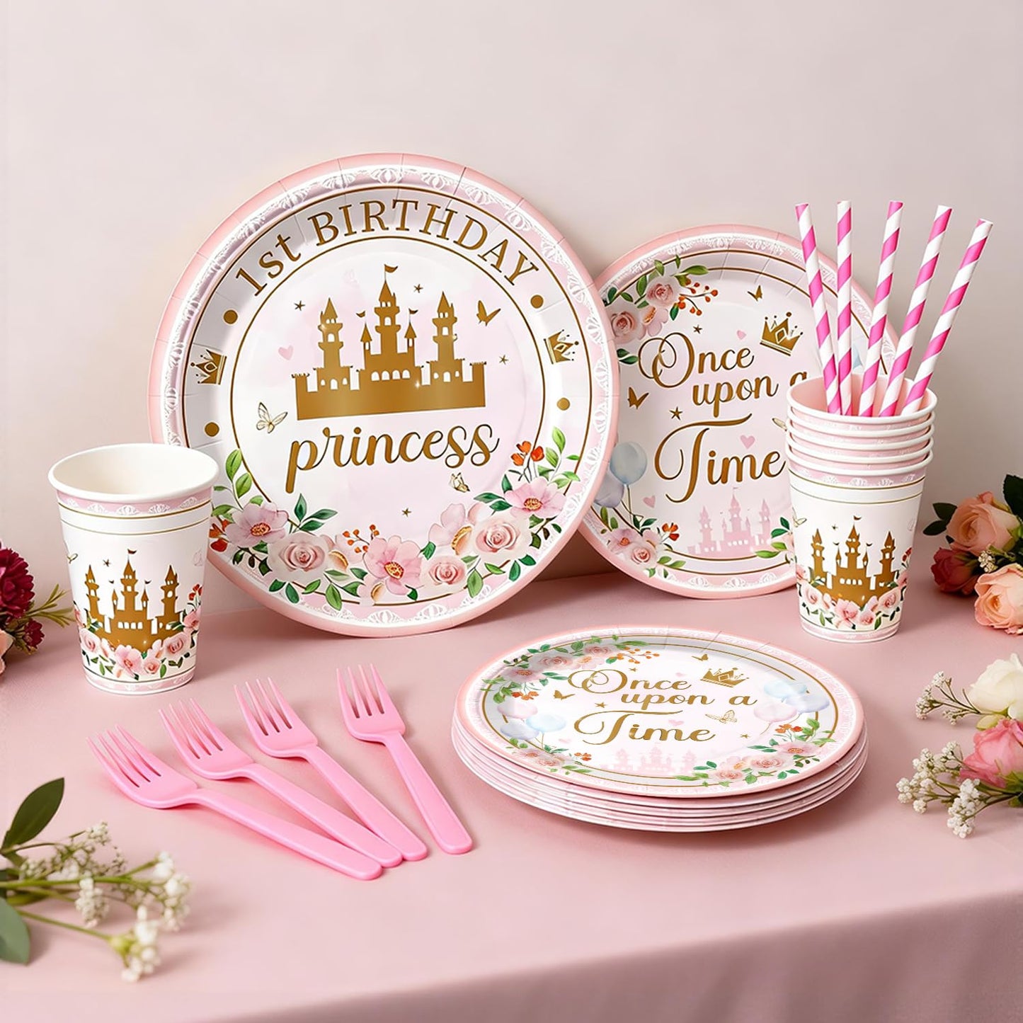 Fexivo 258 PCS Princess First Birthday Decorations, Once Upon A Time Birthday Party Pack Serves 25, with Balloon, Banner, Backdrop, Plates and Napkins, for Girl's First Birthday