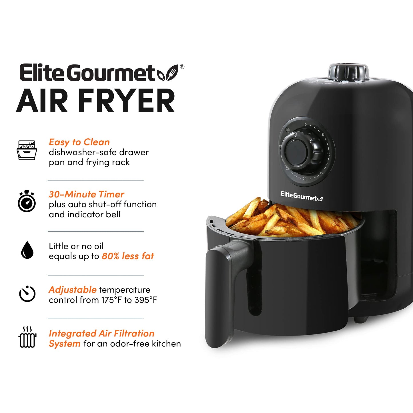Elite Gourmet EAF1121 Personal 1.1 Qt. Compact Space Saving Electric Hot Air Fryer Oil-Less Healthy Cooker, Timer & Temperature Controls, 1000W