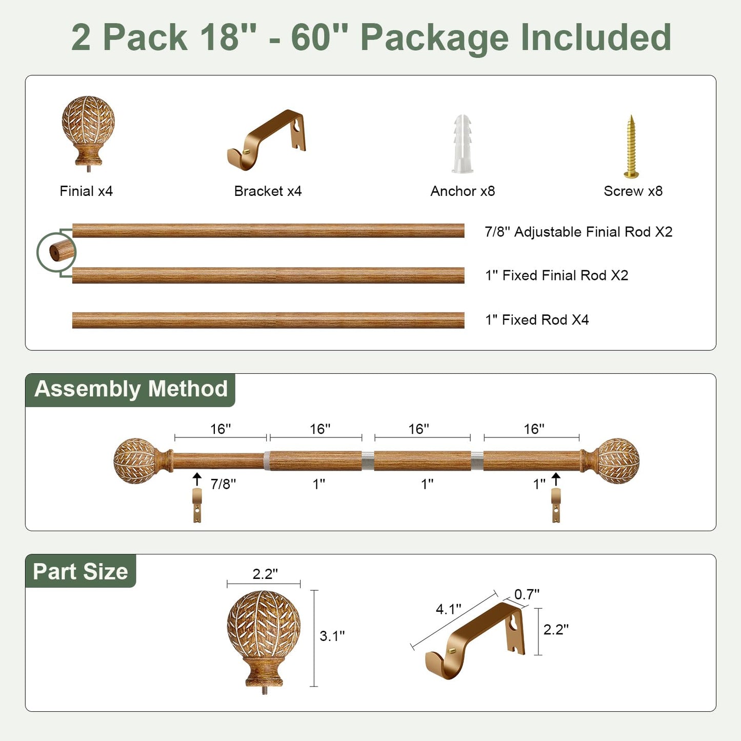 QDWIS 2 Pack Wood Curtain Rods for Windows 28 to 48 Inch,1'' Diameter Drapery Rods with Imitation Wood Grain Leaf Pattern Finials,Boho Adjustable Heavy Duty Curtain Rods Set,18-60'',Color:Natural Wood