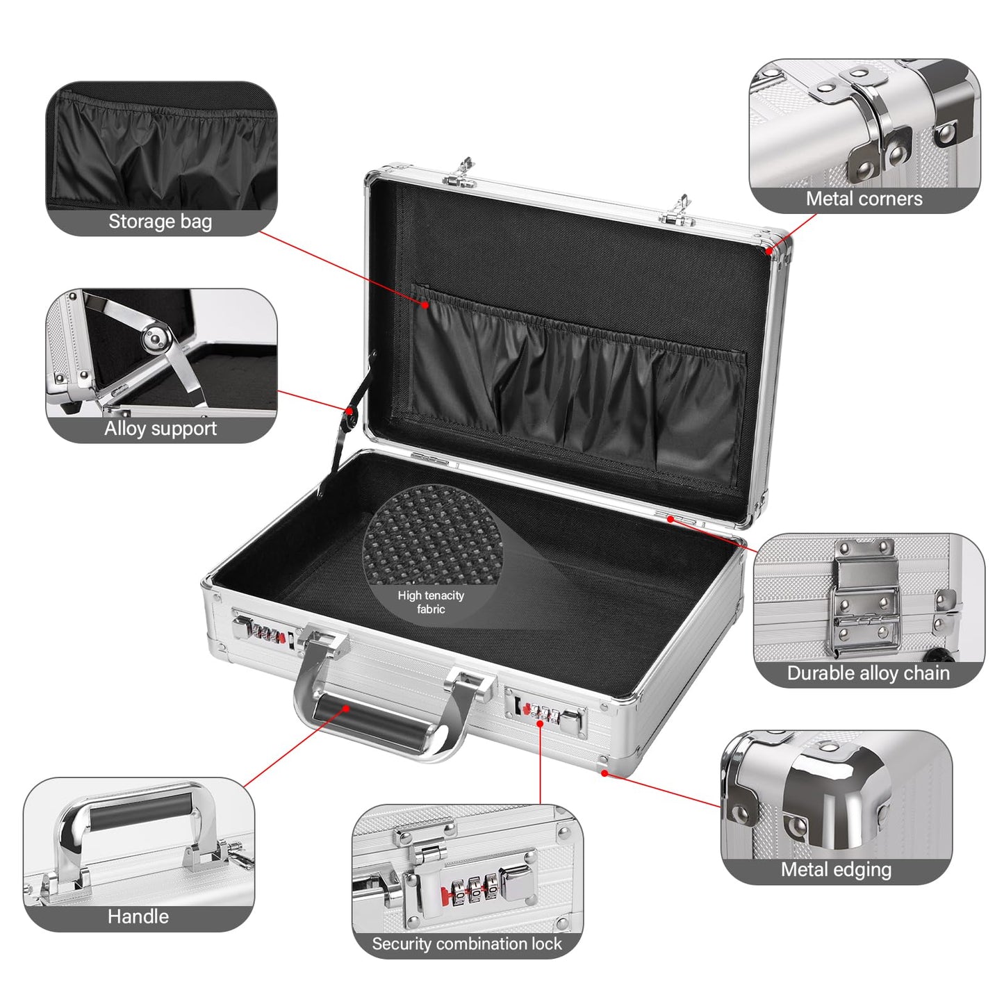 File Organizer Storage Box - 14.2 x 9.4 x 4.5 Inch Medium, Portable Locking Storage Totes with Dual Combination Locks for Passports, Medications and Small Personal Items- Silver
