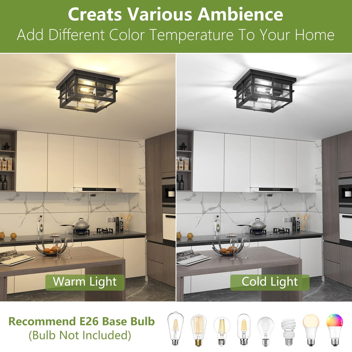 Asnxcju Modern Outdoor Ceiling Light Fixtures, 2-Light Black Flush Mount Light Fixtures with Clear Glass Shade, Farmhouse Square Ceiling Lighting for Porch Bathroom Kitchen (Bulbs Not Included)