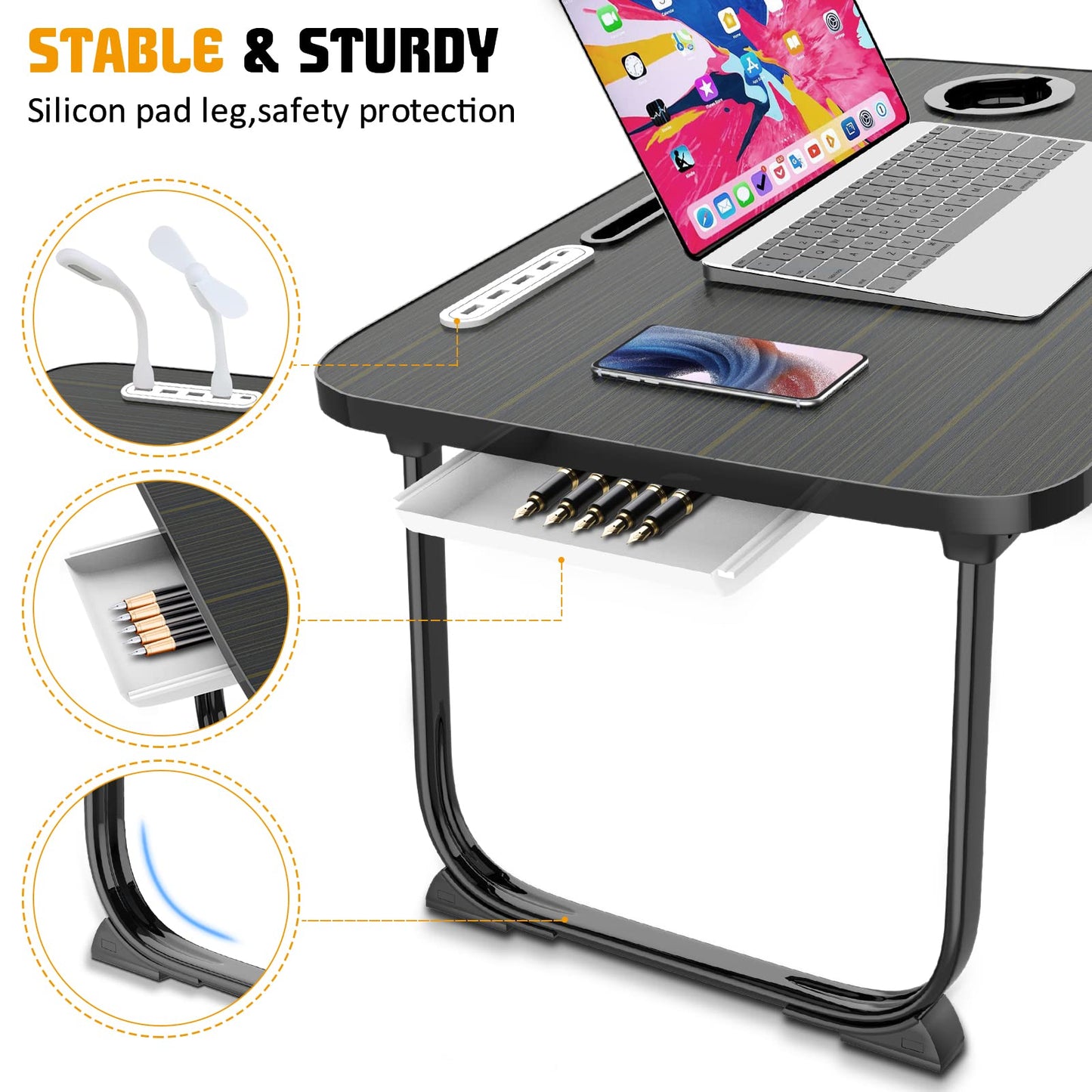 Fayquaze Laptop Bed Desk, Portable Foldable Laptop Bed Table with USB Charge Port Storage Drawer and Cup Holder, Lap Desk Notebook Stand Tray Table Serving Tray for Eating, Reading and Working