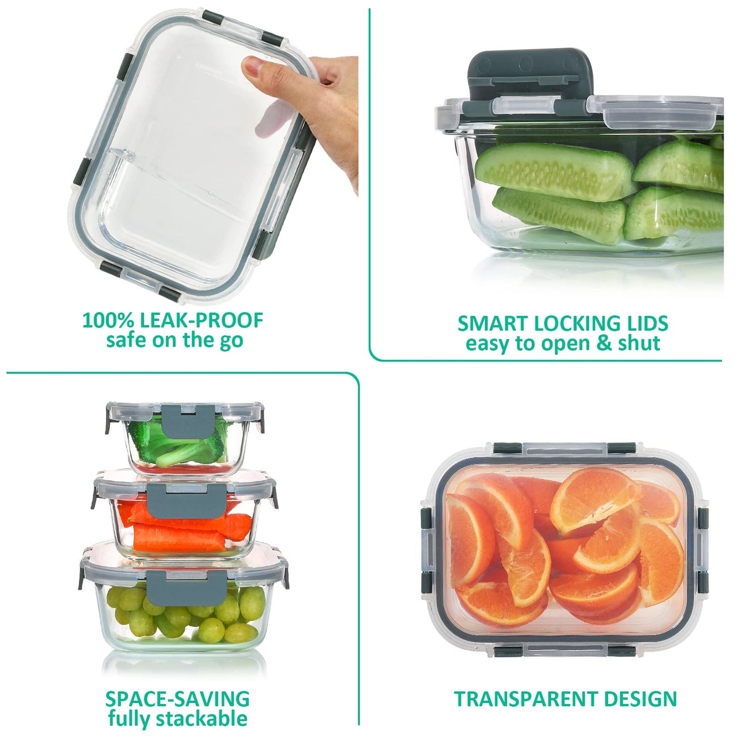KOMUEE 24 Pieces Glass Food Storage Containers Set, Meal Prep Containers, BPA-Free Airtight Glass Storage Containers with lids,Freezer, Microwave and Oven Safe,Gray