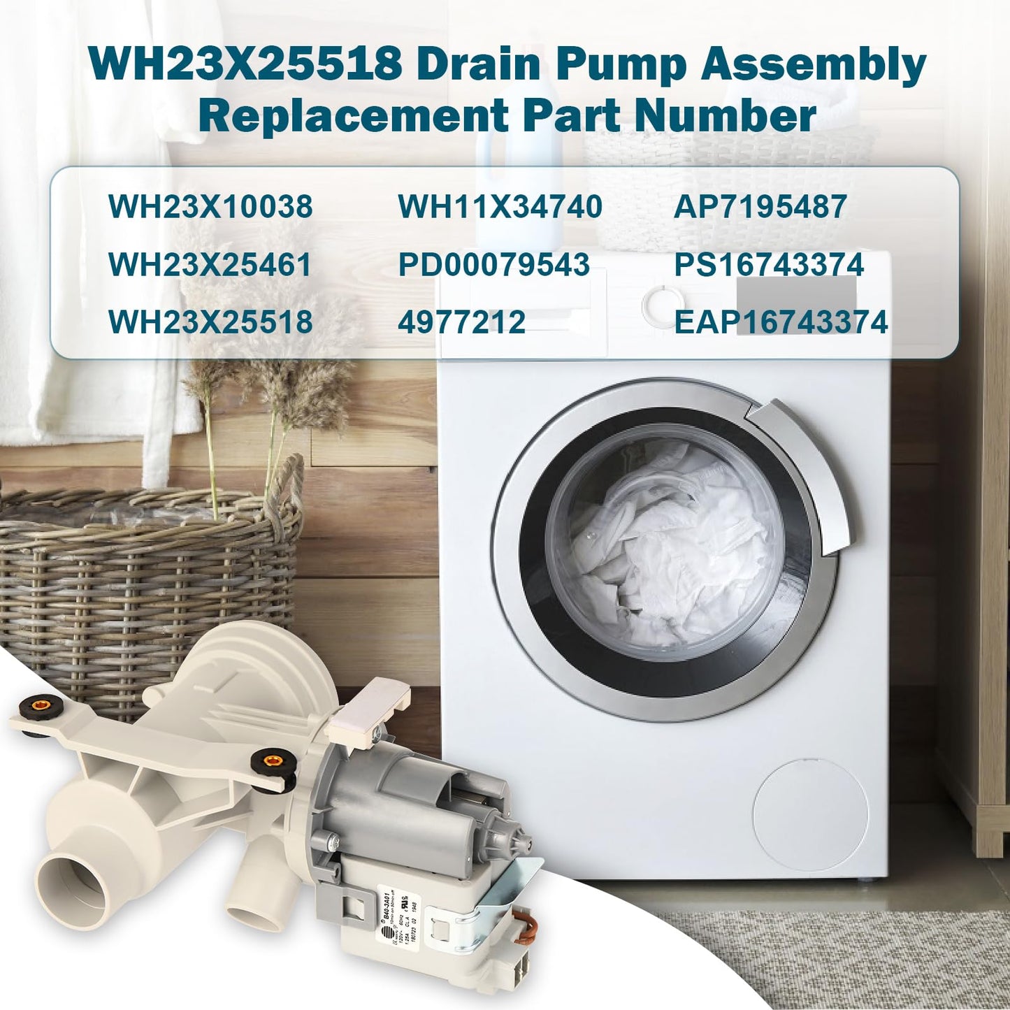 Upgraded WH23X25518 WH11X34740 Front Loading Washer Drain Pump Assembly Compatible with GE Replacement for WH23X10038 WH23X25461 PD00079543 4977212 AP7195487 PS16743374 EAP16743374