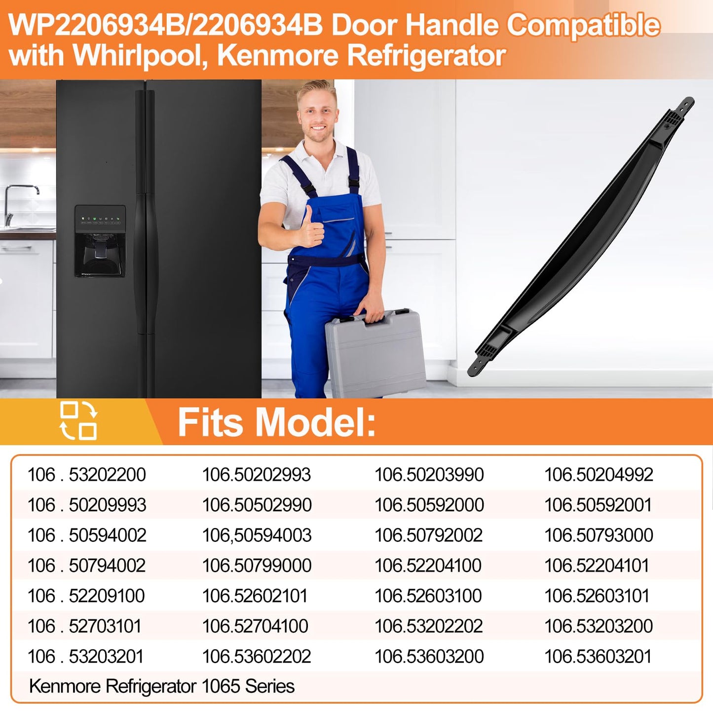 Upgraded WP2206934B Refrigerator Door Handle Compatible with Whirlpool, Kenmore Refrigerator Door Handle Replacement Parts 2206934B Refrigerator Handle Replacement, Reinforced Fridge Door Handle Black