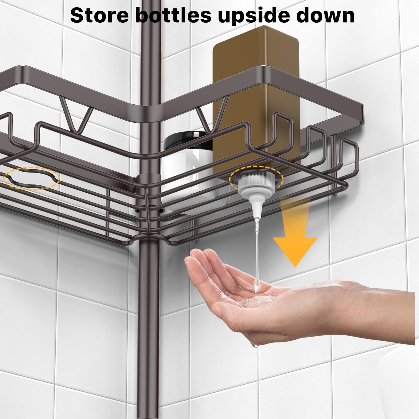 KEGII Shower Caddy Tension Pole with 2 Towel Bars, Adjustable Corner Bathroom Organizer, Rustproof Bathtub Storage Shelves for Shampoo, 25–114.2 Inch Shower Corner Rack for Renters & Family, Bronze