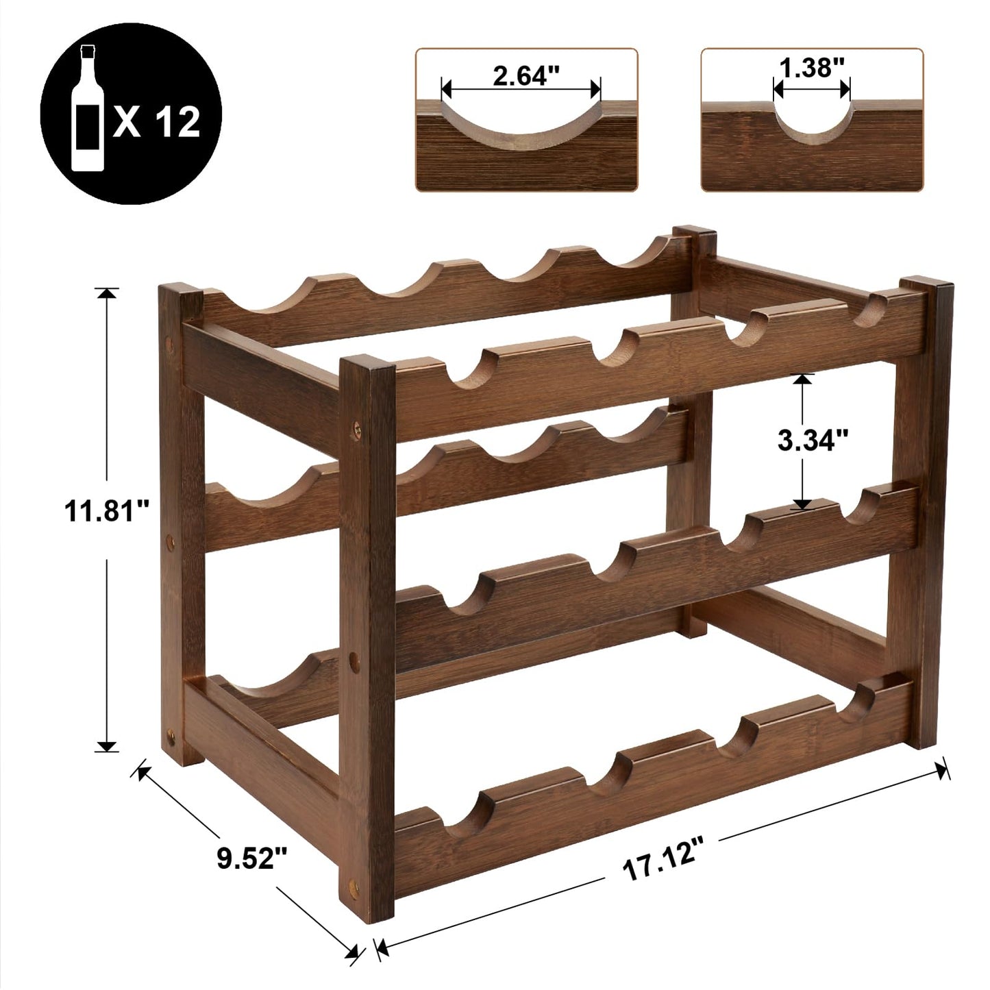 Thalomely Bamboo Wine Rack, 3-Tier 12 Bottles Wine Storage Cabinet Shelf, Easy-Assembly Freestanding Bamboo Wine Racks Countertop for Kitchen Pantry Dining Room Bar, Walnut