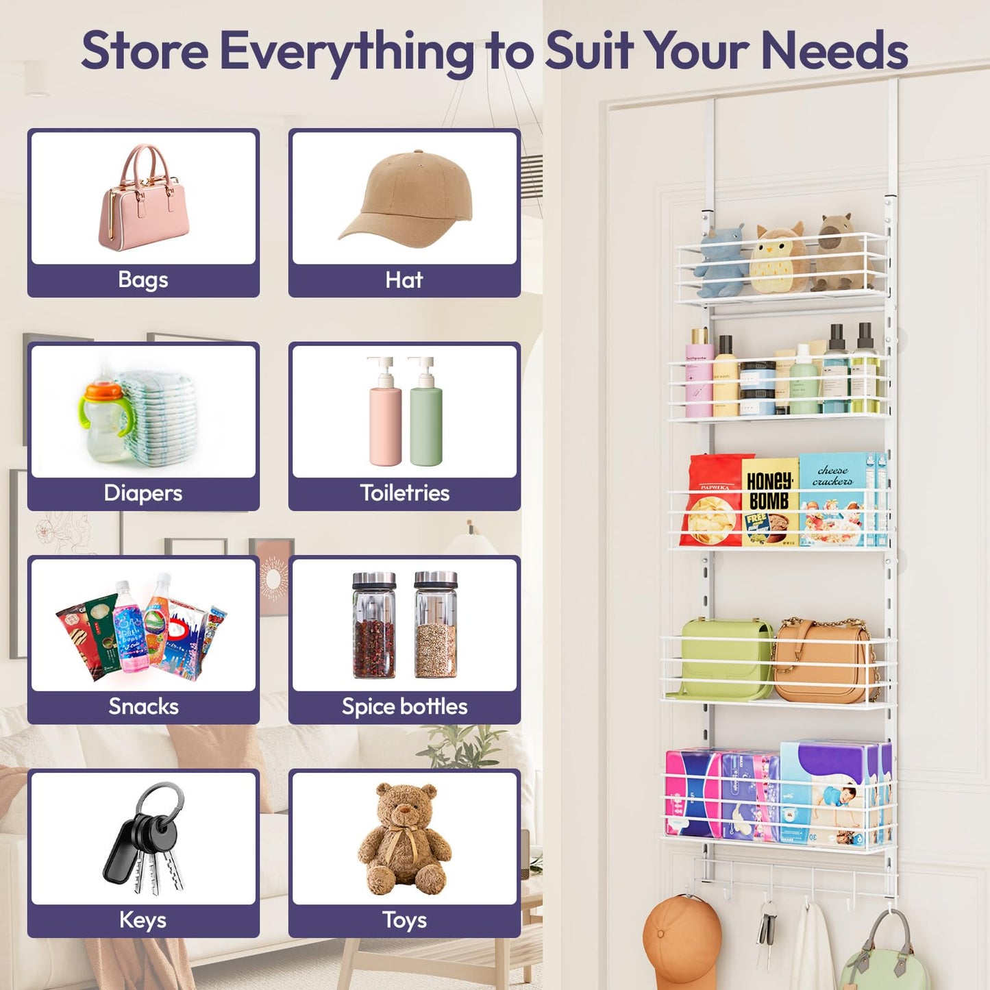 SWTYMIKI Over The Door Organizer - Door Organizer Hanging with 5 Adjustable Metal Large Capacity Basket and 6 Coat Hook, Wall Mounted Shelves for Bedroom Closet Bathroom Laundry Pantry Kitchen
