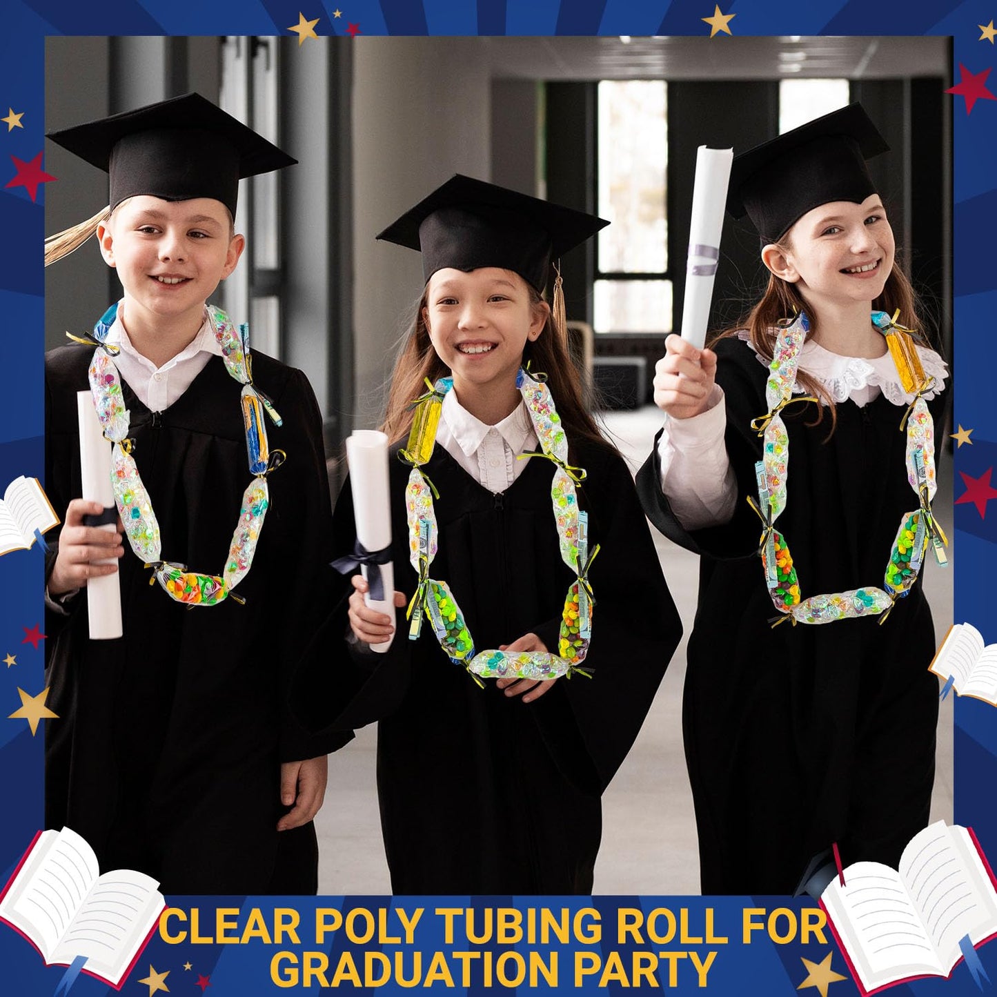 Candy Lei Poly Tubing, 3 Inch x 500 ft Clear Graduation Candy Lei Making Kit with 2 Rolls 250 yd Ribbon, Clear Shipping Poly Tubing for DIY Graduation Wreaths Packing Snacks