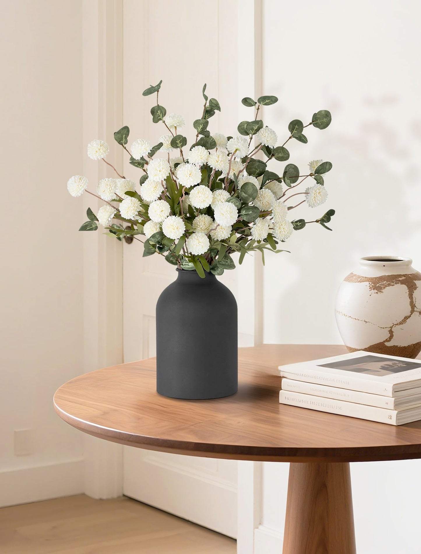 BLOSMON Fake Flowers in Vase for Centerpieces: Metal Vase with 12 Stems of Artificial Mums Kiku Flowers Eucalyptuses Dining Table Decor - White Faux Silk Pom Poms Floral Arrangements for Home Indoor