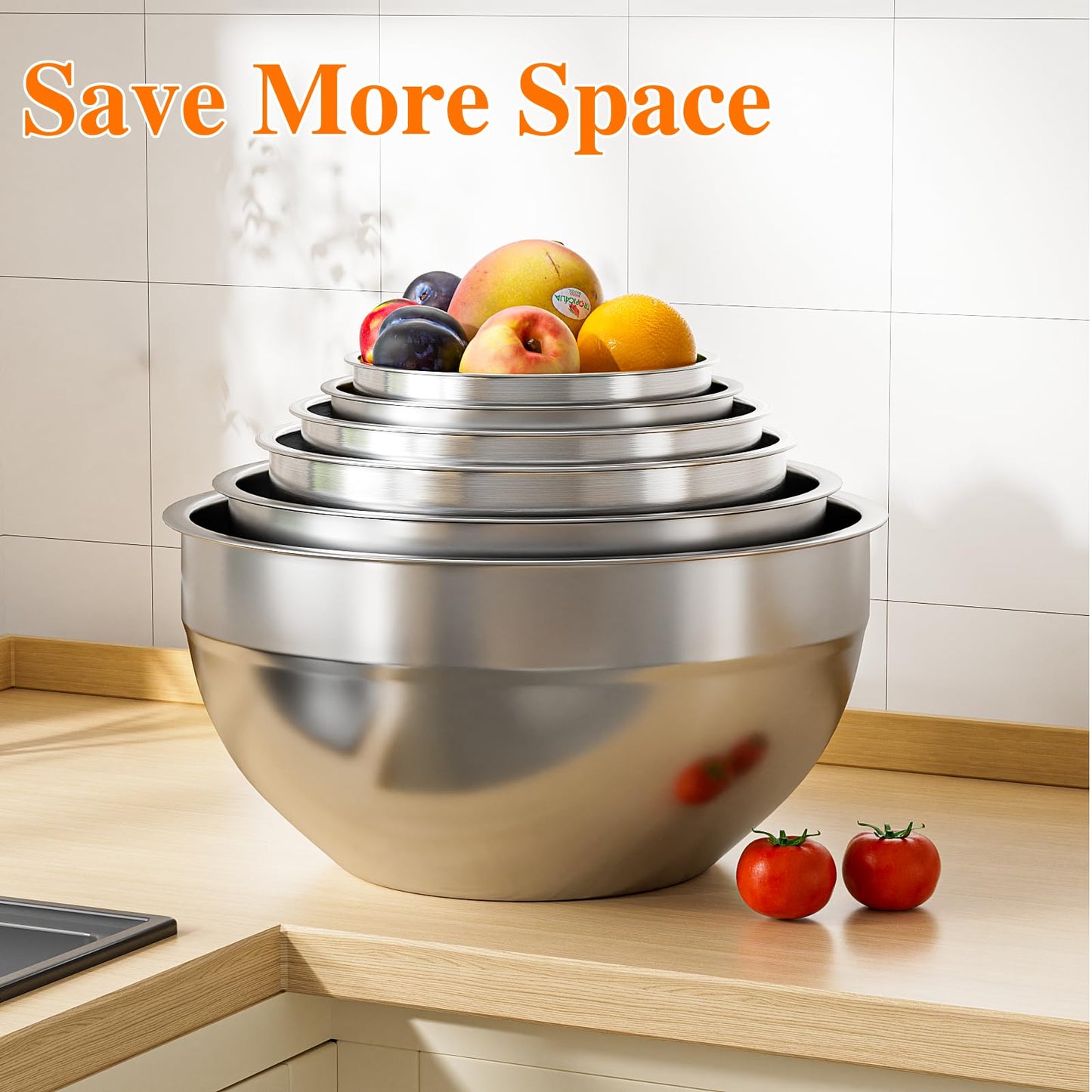 Winproper Mixing Bowls with Lids Set, 6 PCS Stainless Steel Mixing Bowls with 3 Grater Attachments, Kitchen Food Storage Organizers Nesting Mixing Bowl, Large Size 4.5, 3.5, 2.1, 1.5, 1.1, 0.7QT-Black