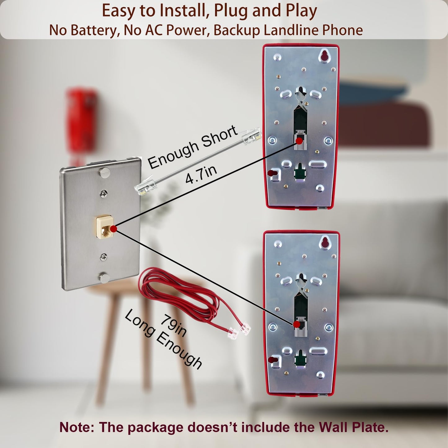 HTMengt No Dial Wall Phone for Elderly Dementia, No Dialpad Wall Telephone for Older,Incoming Calls Only Wall Phones for Senior, 2554 Wall Telephone without Keypad for Memory Care,Home,Bar,Garage, Red