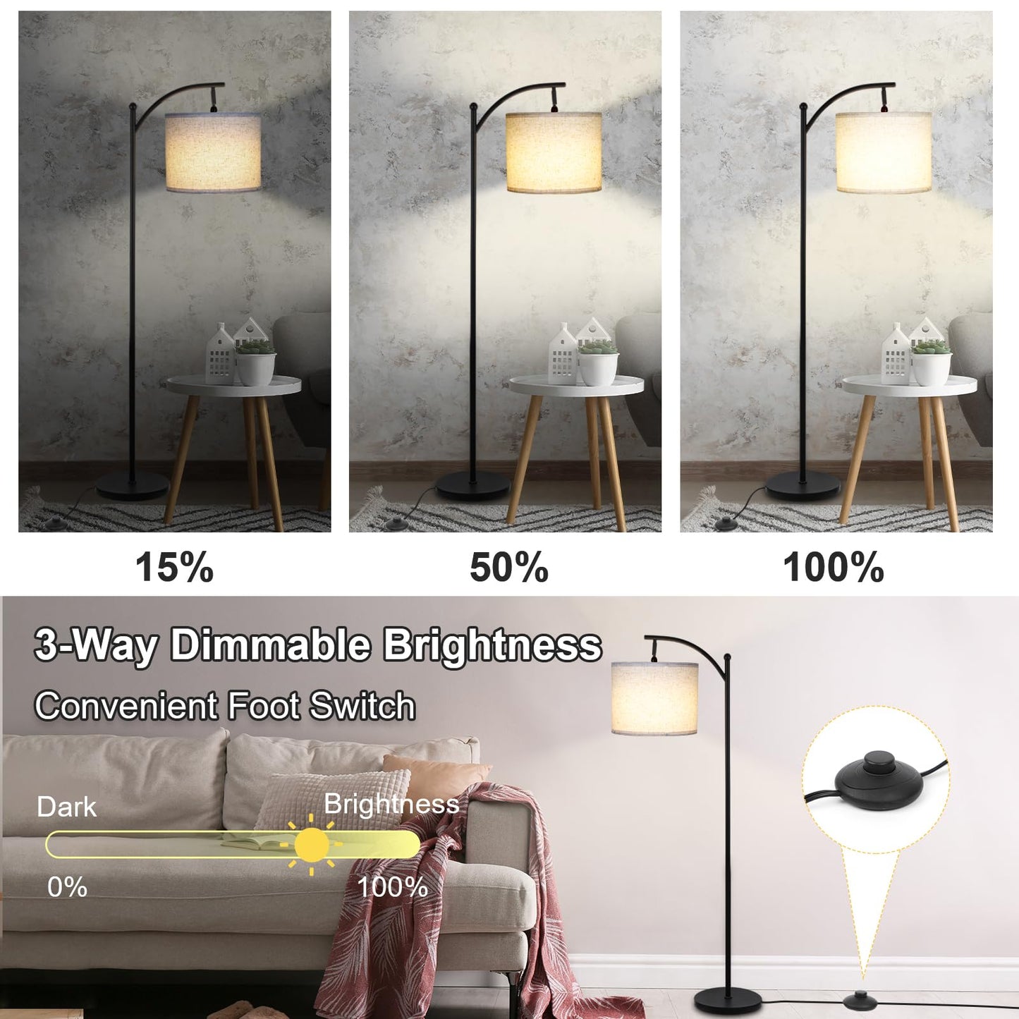 LALISU Modern Floor Lamp, 3-Ways Dimmable Standing Lamp with Linen Shade, Adjustable Height, Foot-Step Switch, Reading Lamp for Living Room, Bedroom, Office, 9W Bulb Included (Black)
