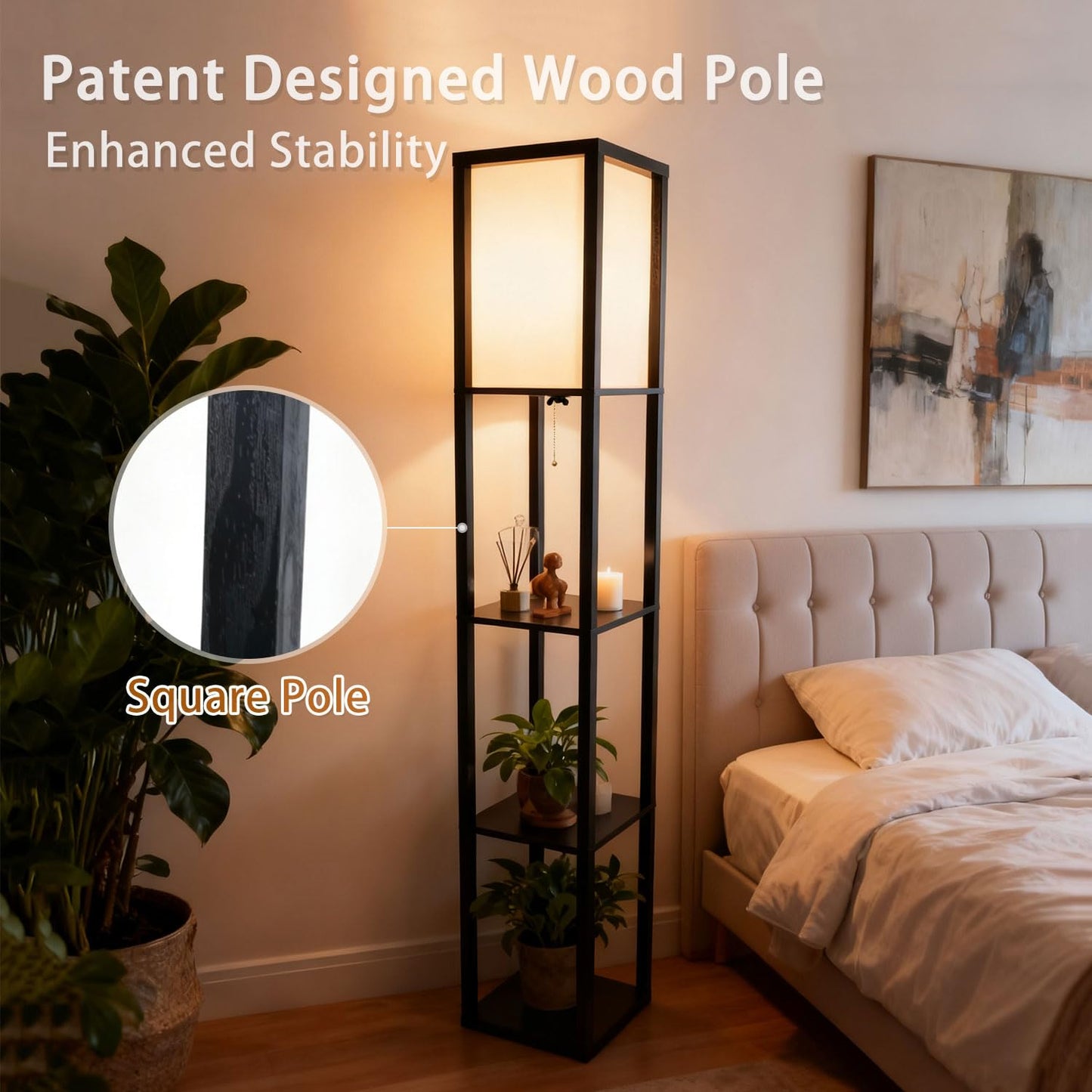 MITELSON Floor Lamp with Shelves, Modern Square Shelf Lamp for Living Room, Corner Standing Lamp with Shelves for Bedroom, Office, Display Shelves with Light, Home Decor