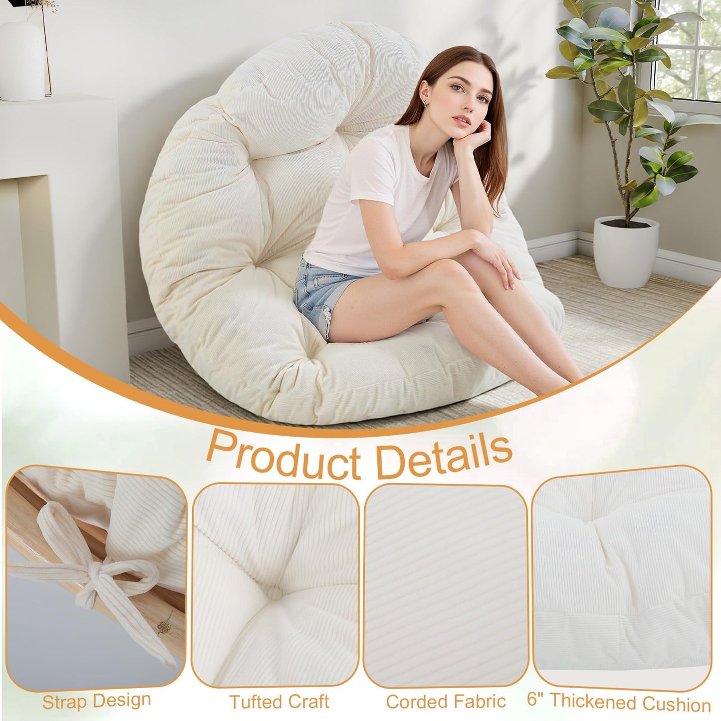 idee-home Papasan Chair Cushion, Circle Papasan Chair Cushion(Cushion Only) with Thick Corduroy Cover, 48 x 48 Inch Cushion for Egg Chair, Beige