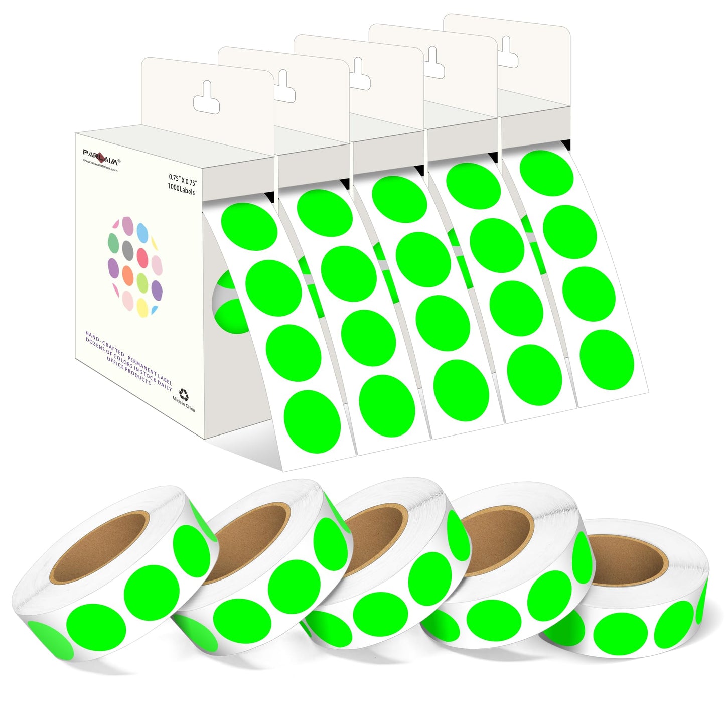 PARLAIM 3/4 Inch Round Permanent Adhesive Color-Code Dot Stickers,10000 Stickers Roll dots Label Dispenser Box Green Circle Stickers Labels 10Rolls (Fluorescent Green)