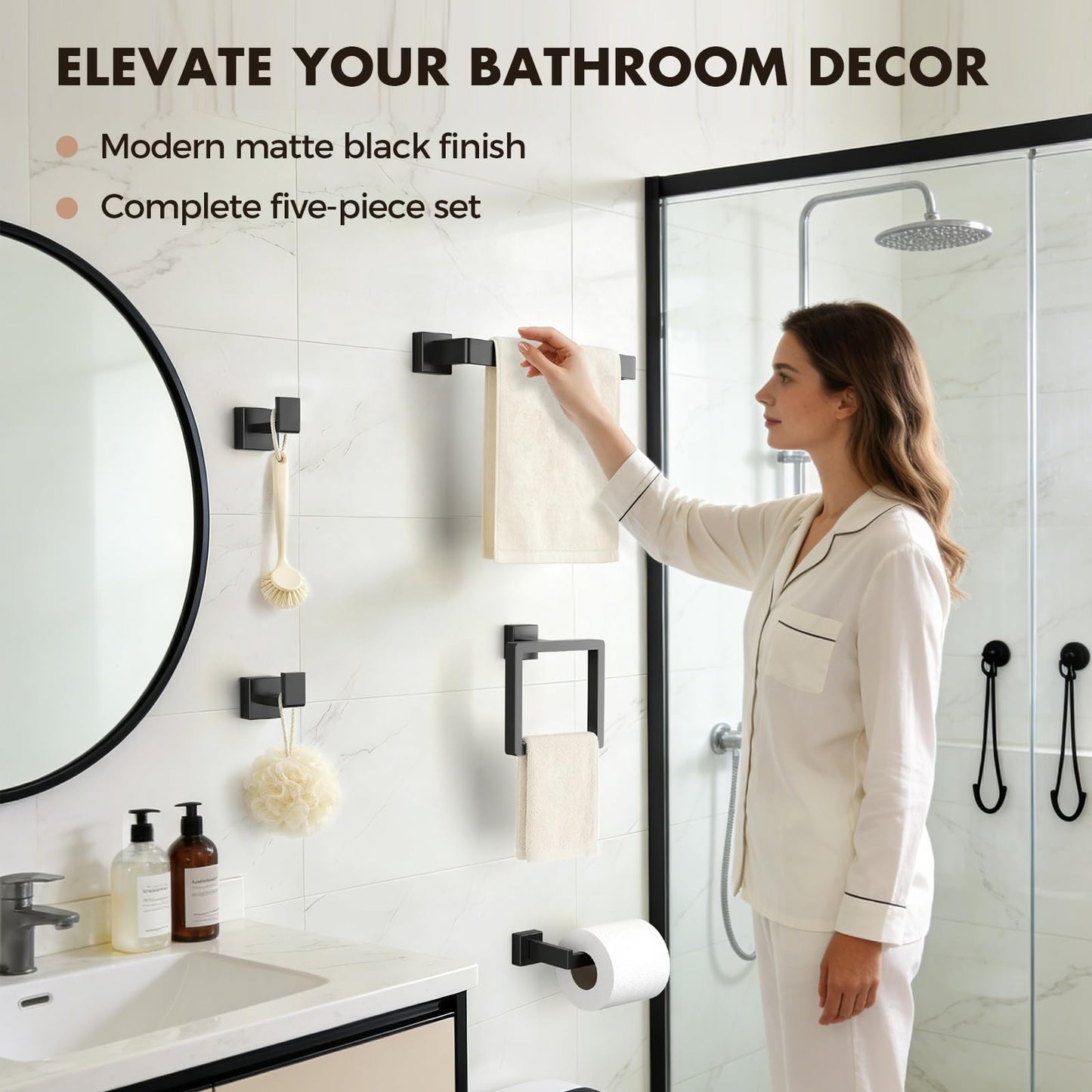 Bathroom Accessories Towel Bar Set: 10 Pieces Matte Black Bathroom Hardware Square SUS304 Stainless Steel - Wall Mounted Towel Rack&Toilet Paper Holder&Towel Ring and Towel Hook