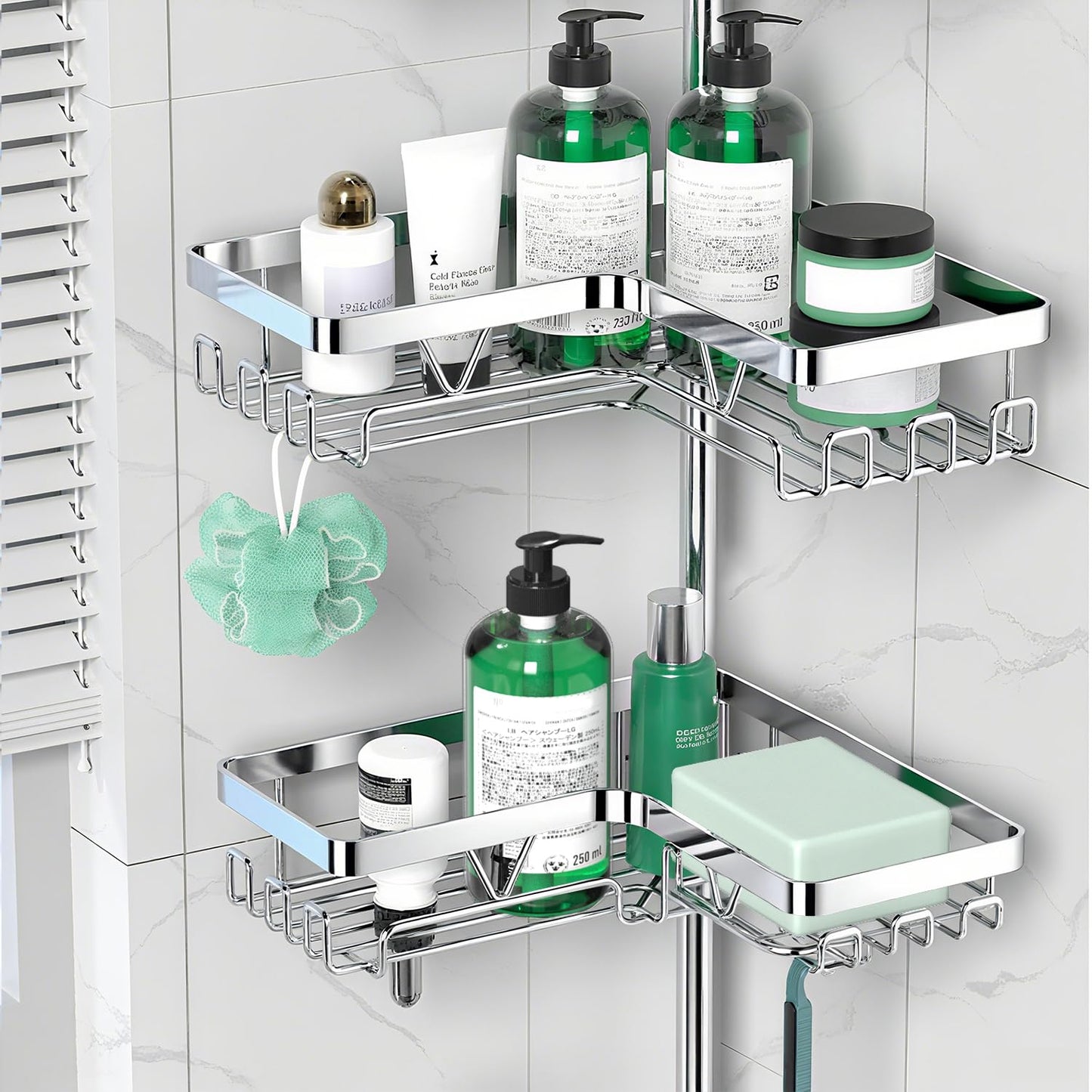DAOYA Corner Shower Caddy Tension Pole - Chrome Tension Rod Shower Caddy Adjustable Shampoo Holder for Bathroom/Bathtub/RV, Stainless Steel, Floor to Ceiling 25-114.2 inch