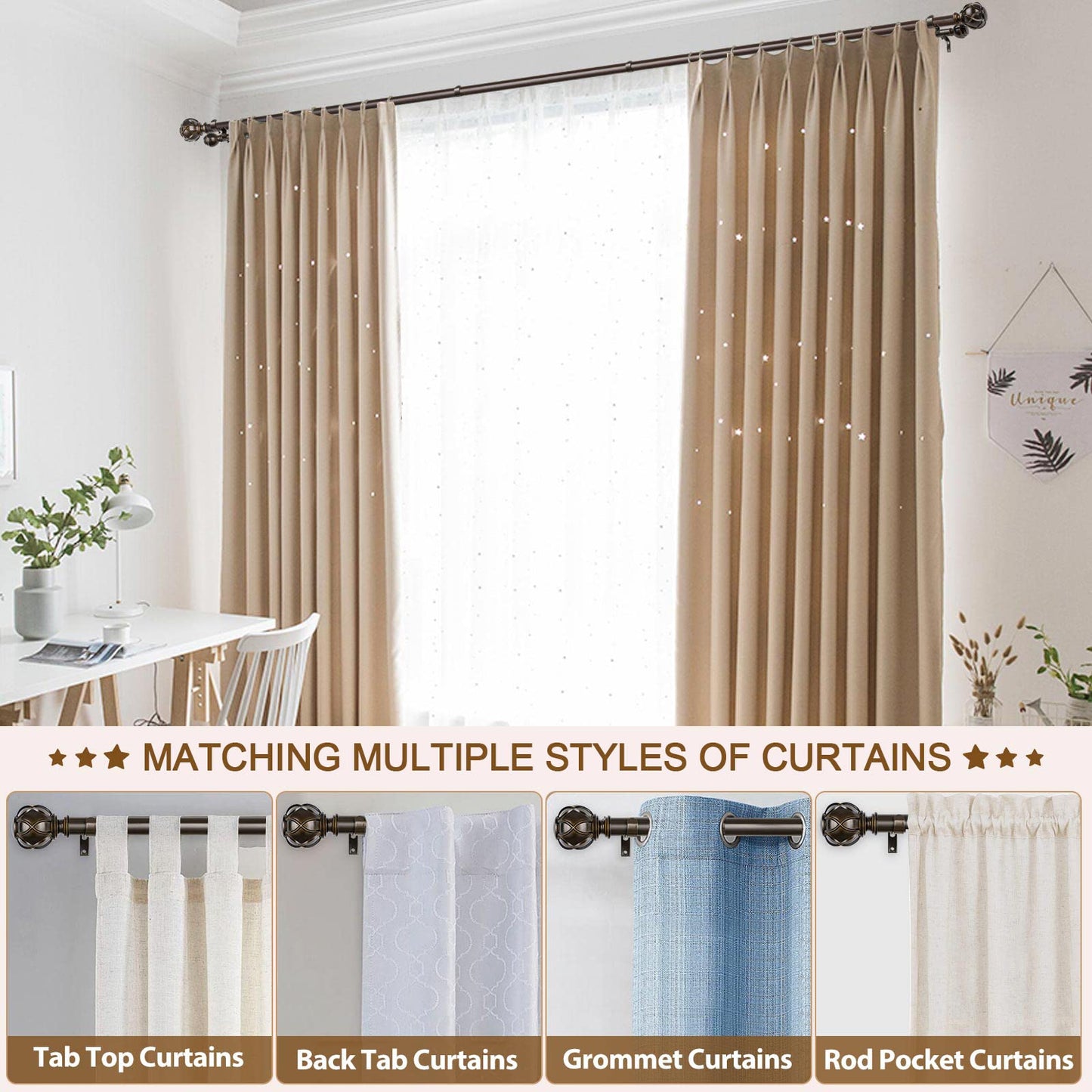 KAMANINA 1 Inch Double Curtain Rods 72 to 144 Inches (6-12 Feet) Telescoping Heavy Duty Drapery Rod for Windows 66 to 120, Netted Texture Finials, Antique Bronze, Fewer Rods, Easier Install