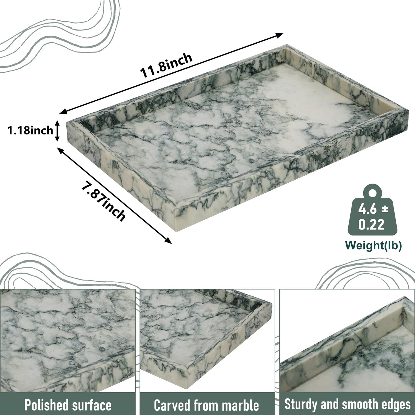 MULWR Marble Bathroom Tray,Pure Natural Vanity Tray,Marble Tray for Kitchen Counter Non-Ceramic/Non-Resin,Stone Trays 12 x 8 inch Cyan Green