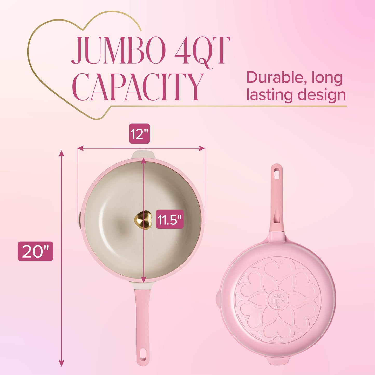Paris Hilton Jumbo Sauté Pan with Lid, Cast Aluminum Cookware with Ceramic Nonstick Coating Made Without PFAS, PFOA, PFOS & PTFE, 4-Quart, Pink