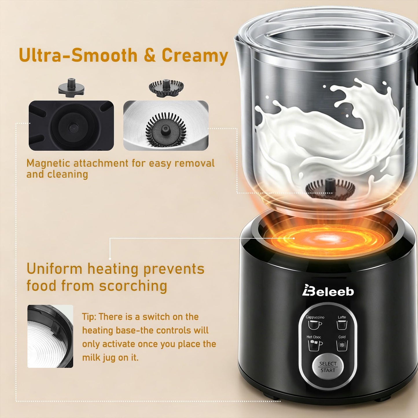 Beleeb Milk Frother, 4-in-1 Automatic Cold & Hot Electric Milk Frother and Steamer, 11.8oz/350ml Stainless Steel Milk Warmer, Quick and Easy for Effortlessly Making Cappuccino, Latte, Dishwasher Safe